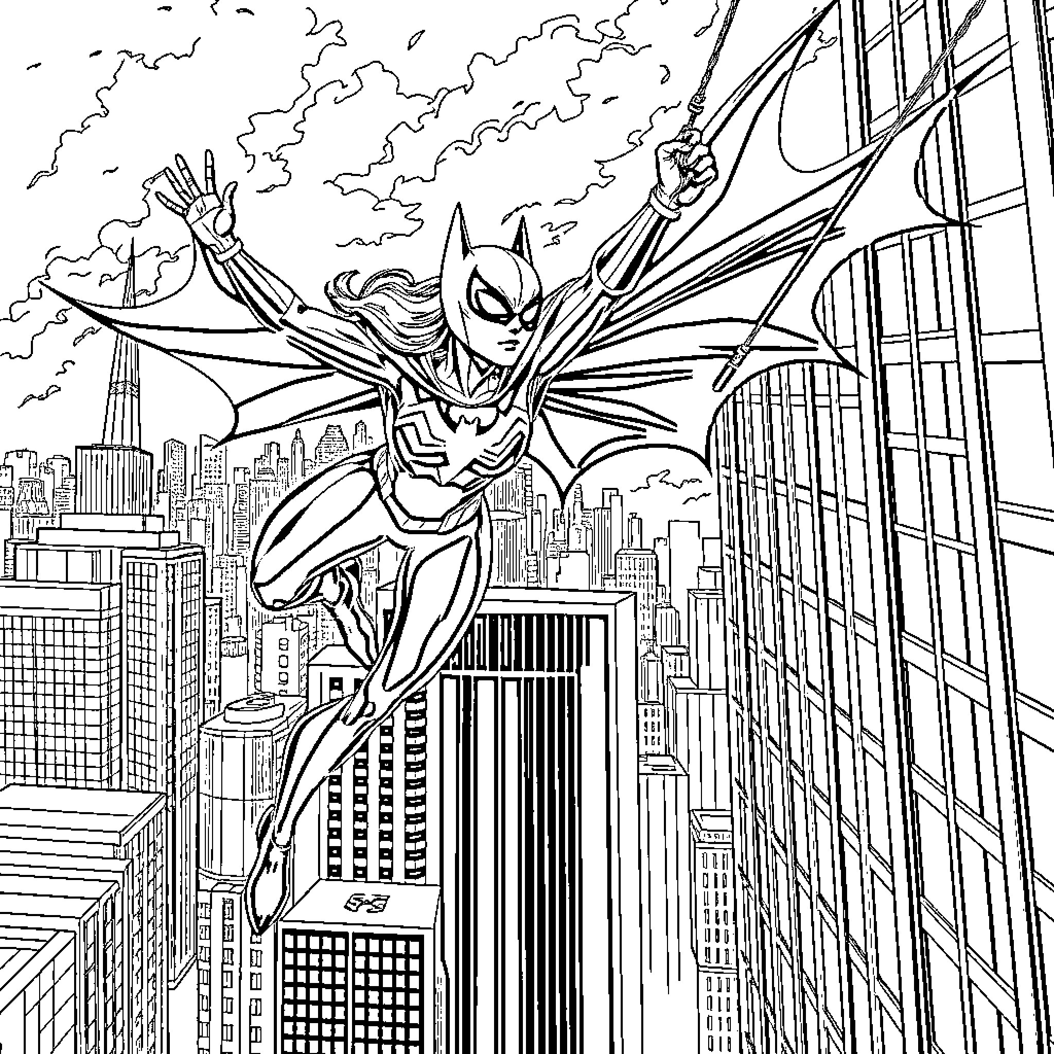 Superhero swooping down over city skyscrapers Coloring Page (free black-and-white line drawing printable PDF for all, from beginners to advanced learners, including children, teens, adults, and seniors)