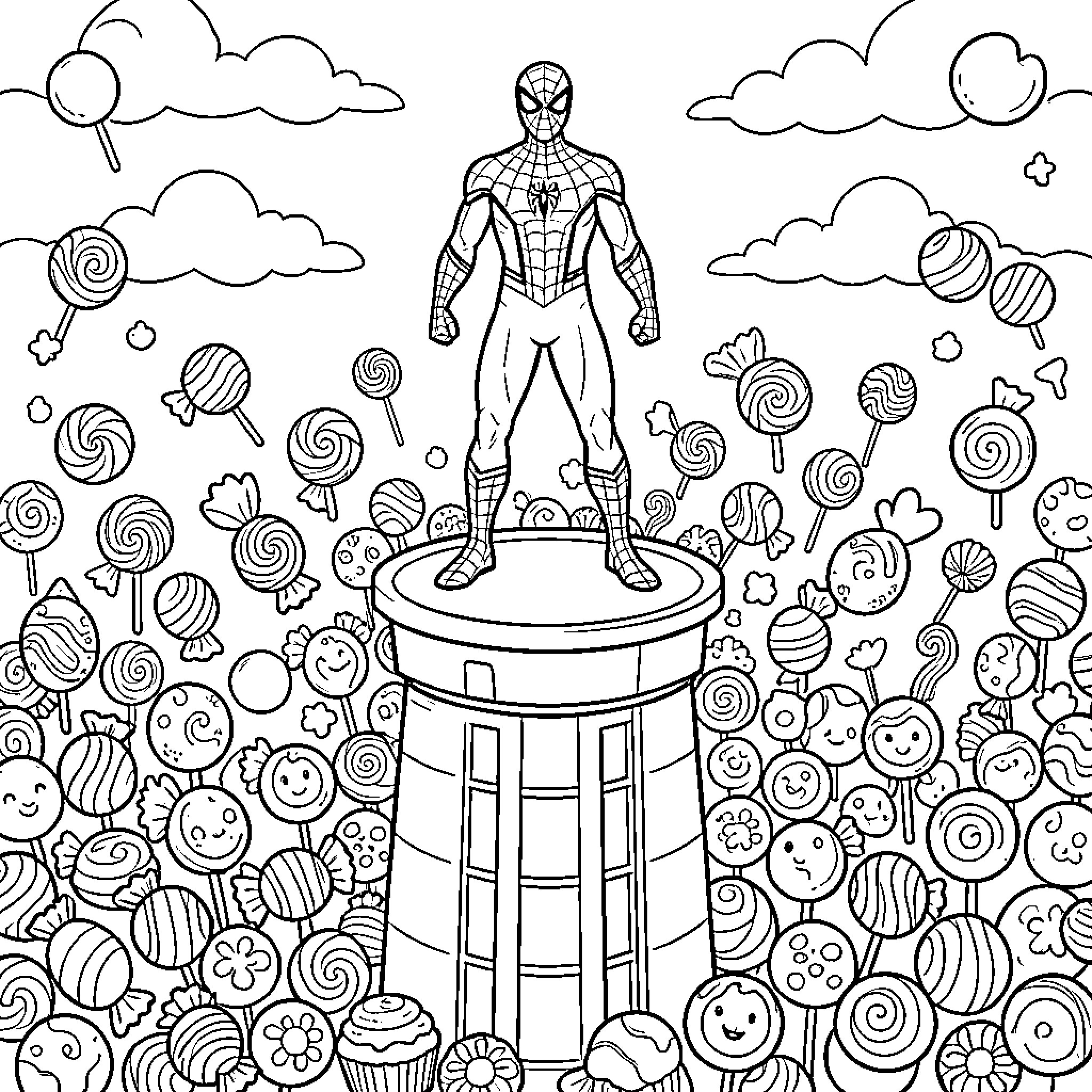 Spiderman surrounded by sweets and candies in a fantasy landscape Coloring Page (free black-and-white line drawing printable PDF for all, from beginners to advanced learners, including children, teens, adults, and seniors)