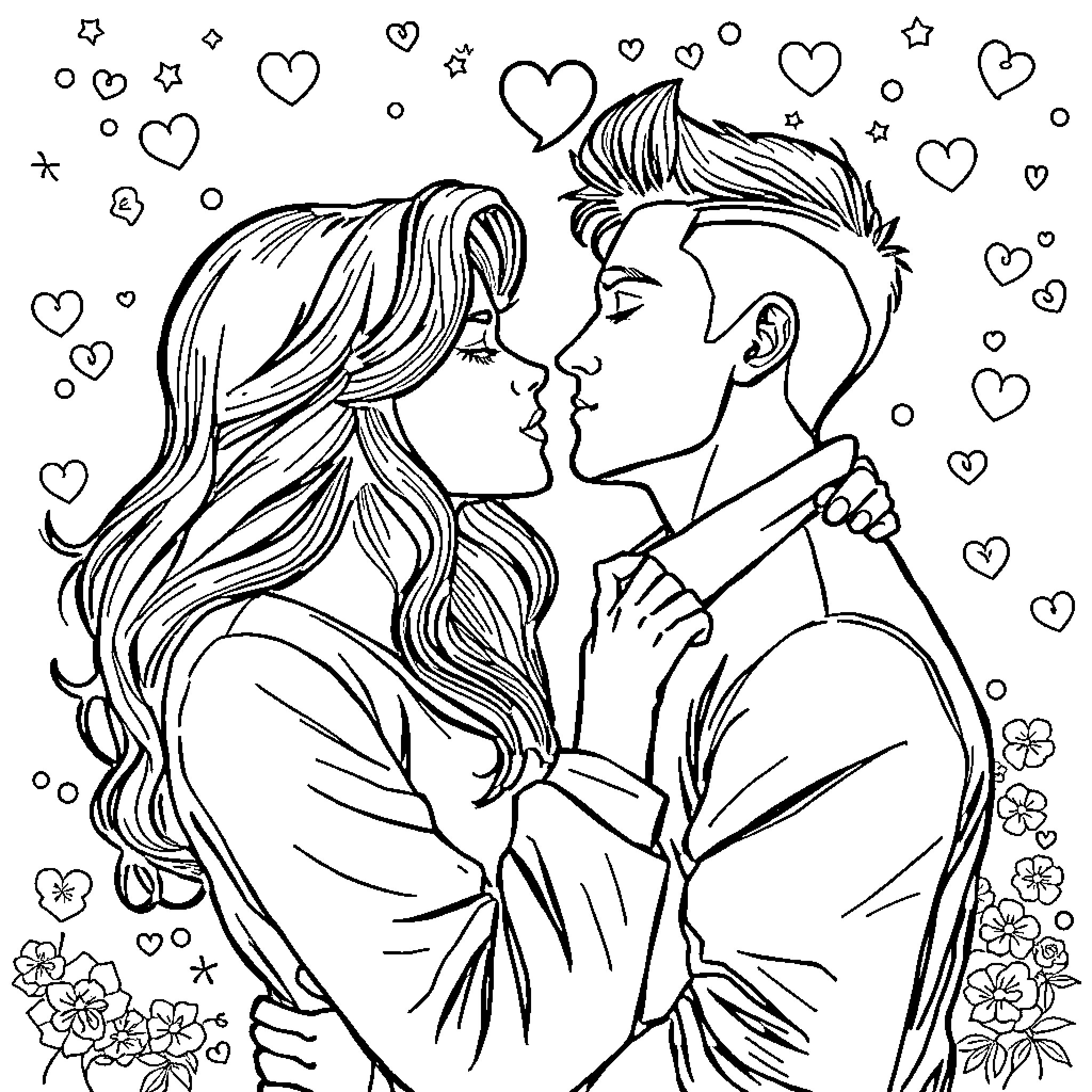 Love and Hate: Intimate embrace surrounded by hearts Coloring Page (free black-and-white line drawing printable PDF for all, from beginners to advanced learners, including children, teens, adults, and seniors)
