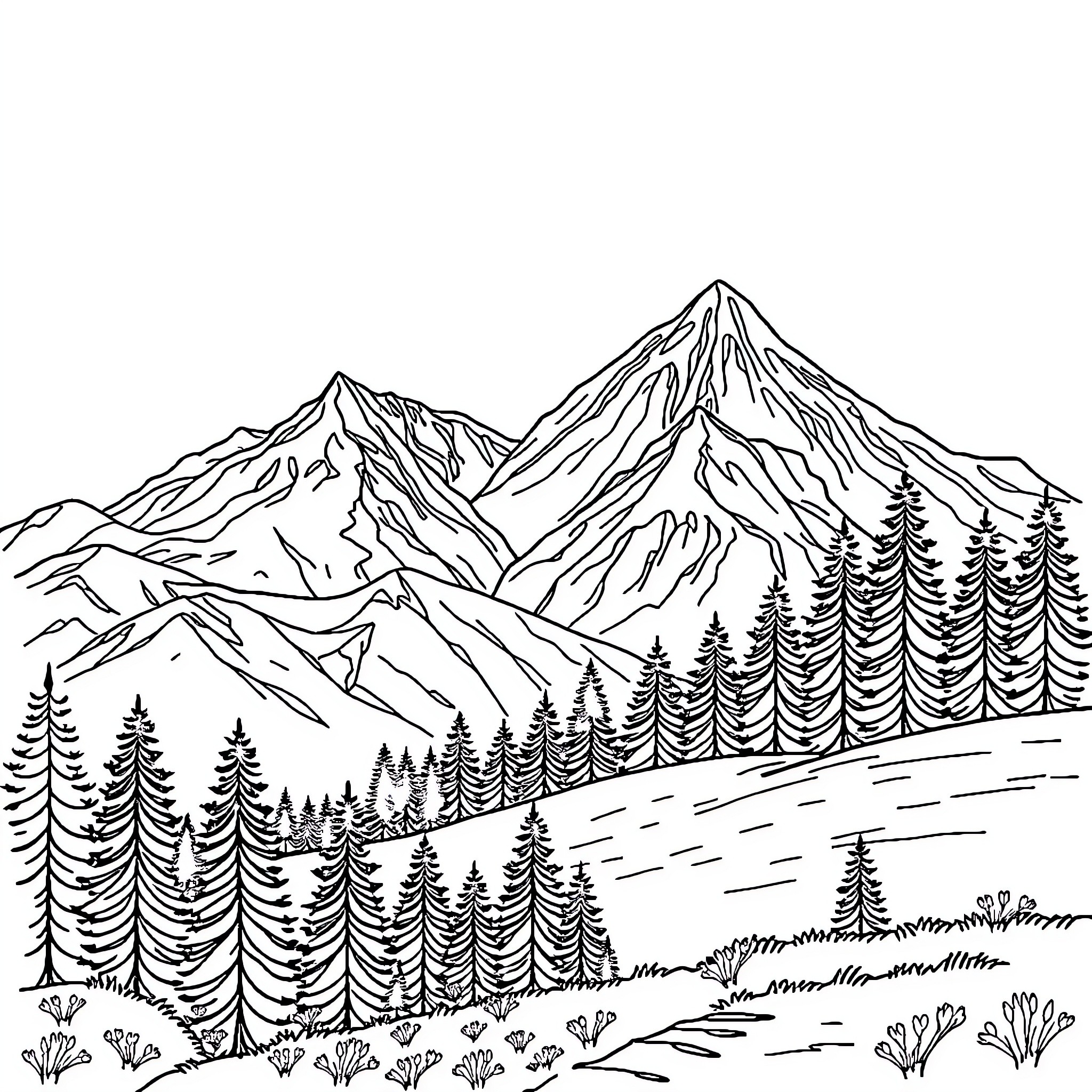 Drawing of Majestic Mountain Landscape with Evergreen Forest Coloring Page (free black-and-white line drawing printable PDF for all, from beginners to advanced learners, including children, teens, adults, and seniors)