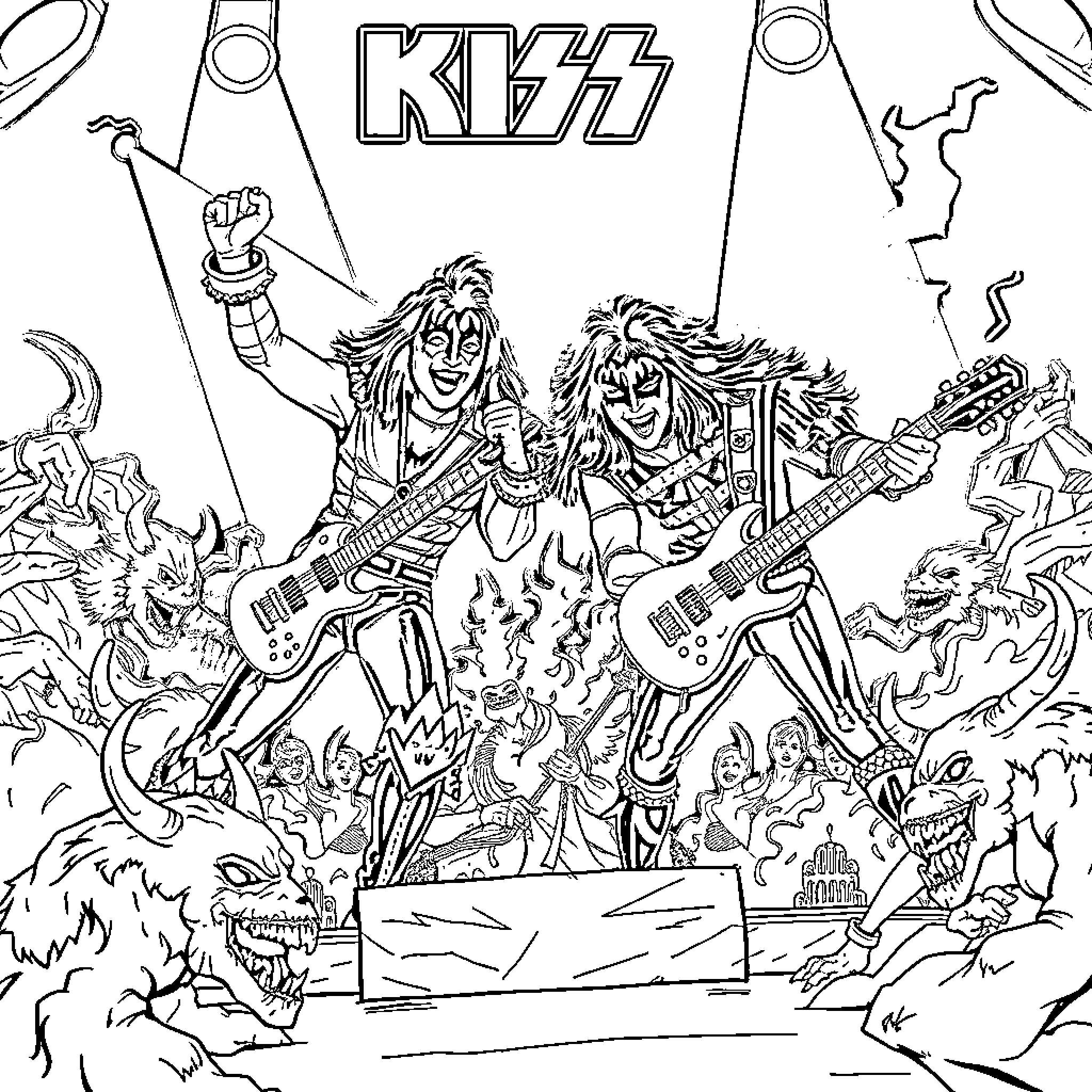 Kiss the Rockers Performing on Stage Coloring Page (free black-and-white line drawing printable PDF for all, from beginners to advanced learners, including children, teens, adults, and seniors)