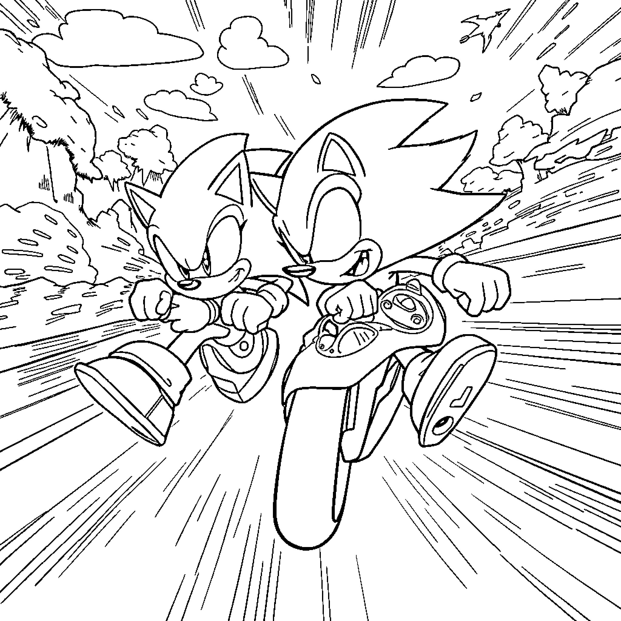 Car chasing exciting adventure with friends Coloring Page (free black-and-white line drawing printable PDF for all, from beginners to advanced learners, including children, teens, adults, and seniors)