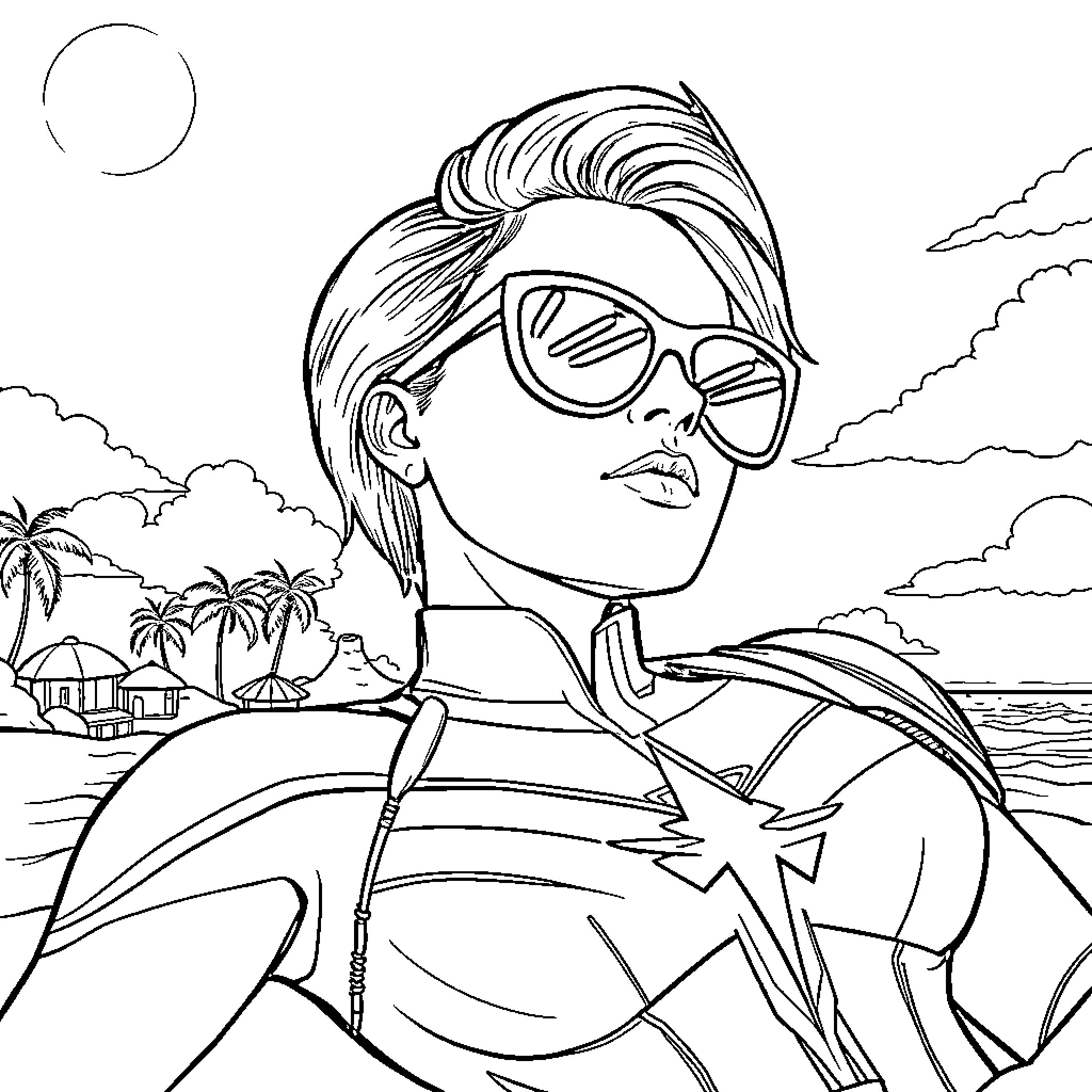 Captain Marvel in superhero pose on tropical beach Coloring Page (free black-and-white line drawing printable PDF for all, from beginners to advanced learners, including children, teens, adults, and seniors)
