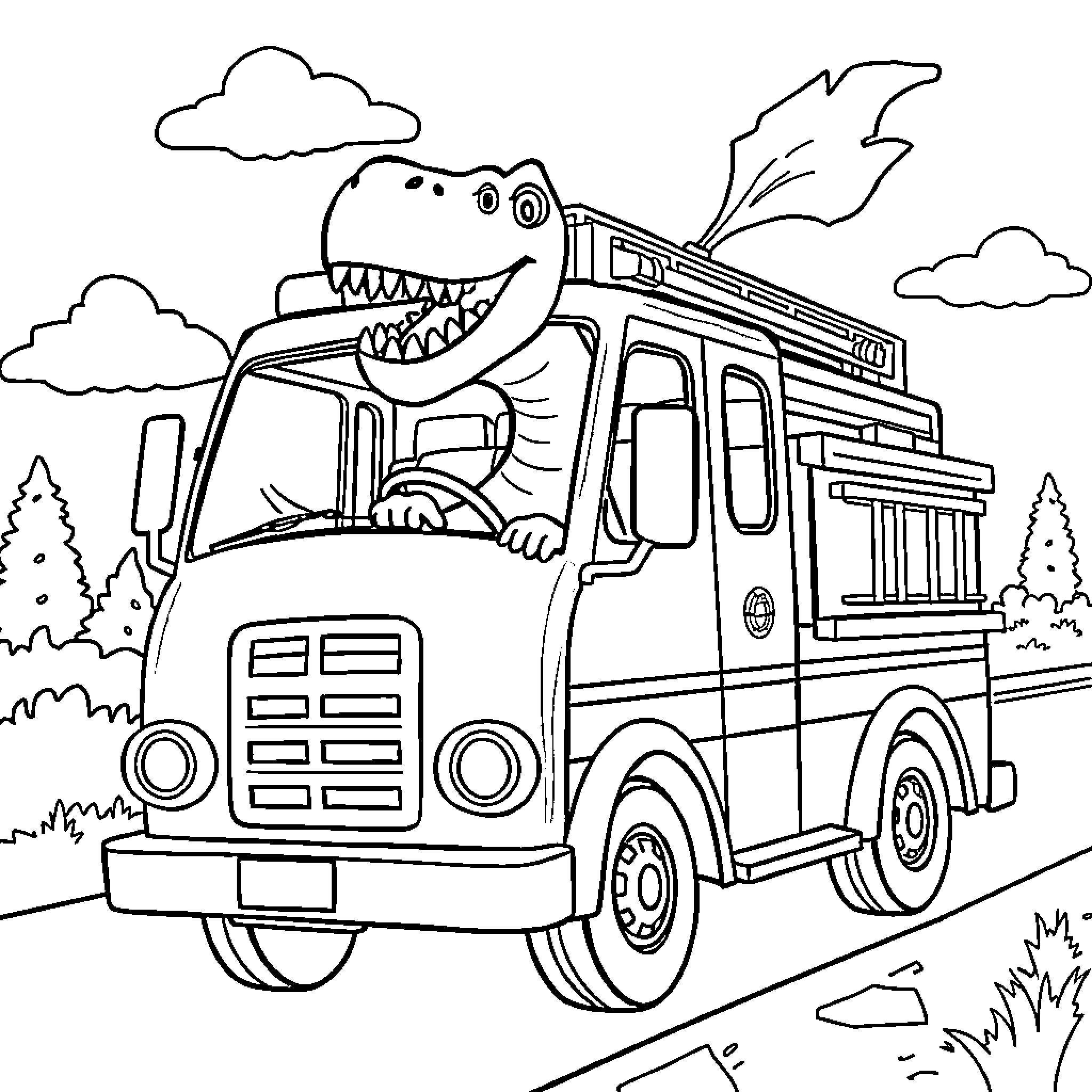 Dinosaur driving an adventure van in the countryside Coloring Page (free black-and-white line drawing printable PDF for all, from beginners to advanced learners, including children, teens, adults, and seniors)