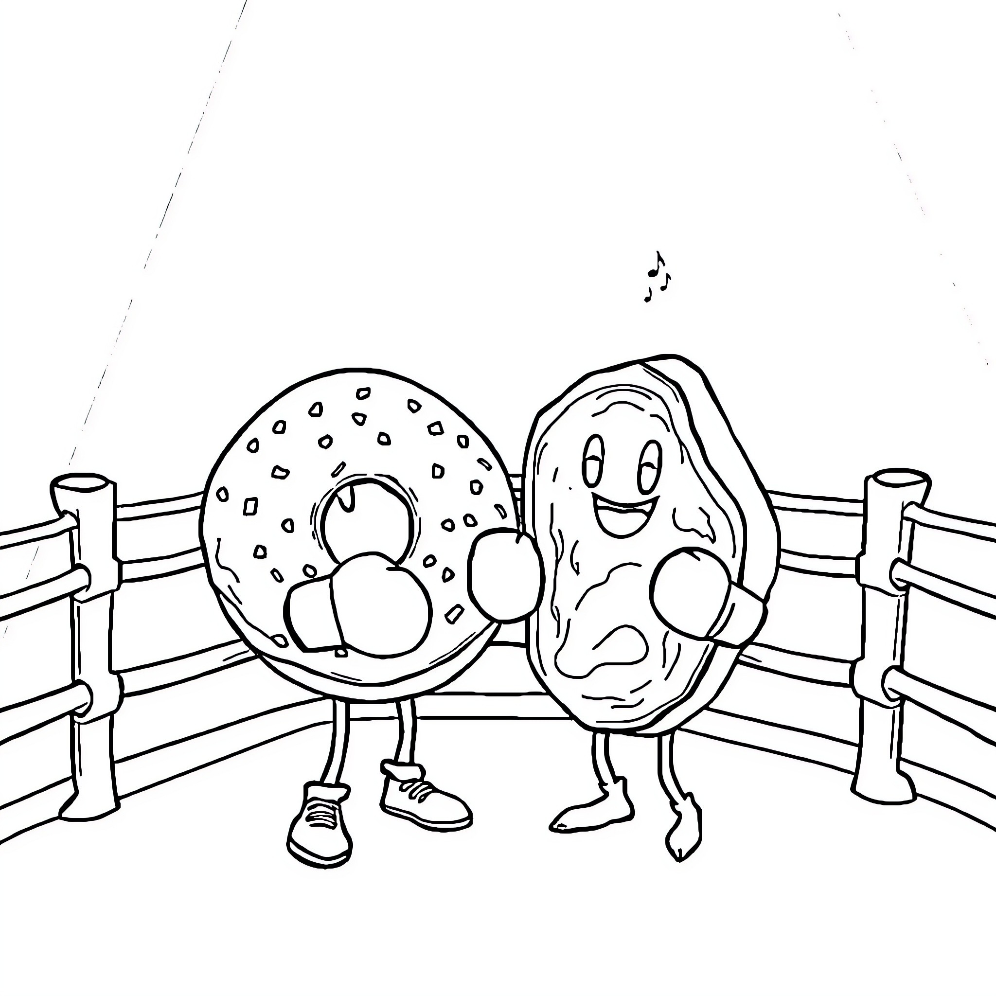 Donut and Potato Chip Boxing Match Coloring Page (free black-and-white line drawing printable PDF for all, from beginners to advanced learners, including children, teens, adults, and seniors)