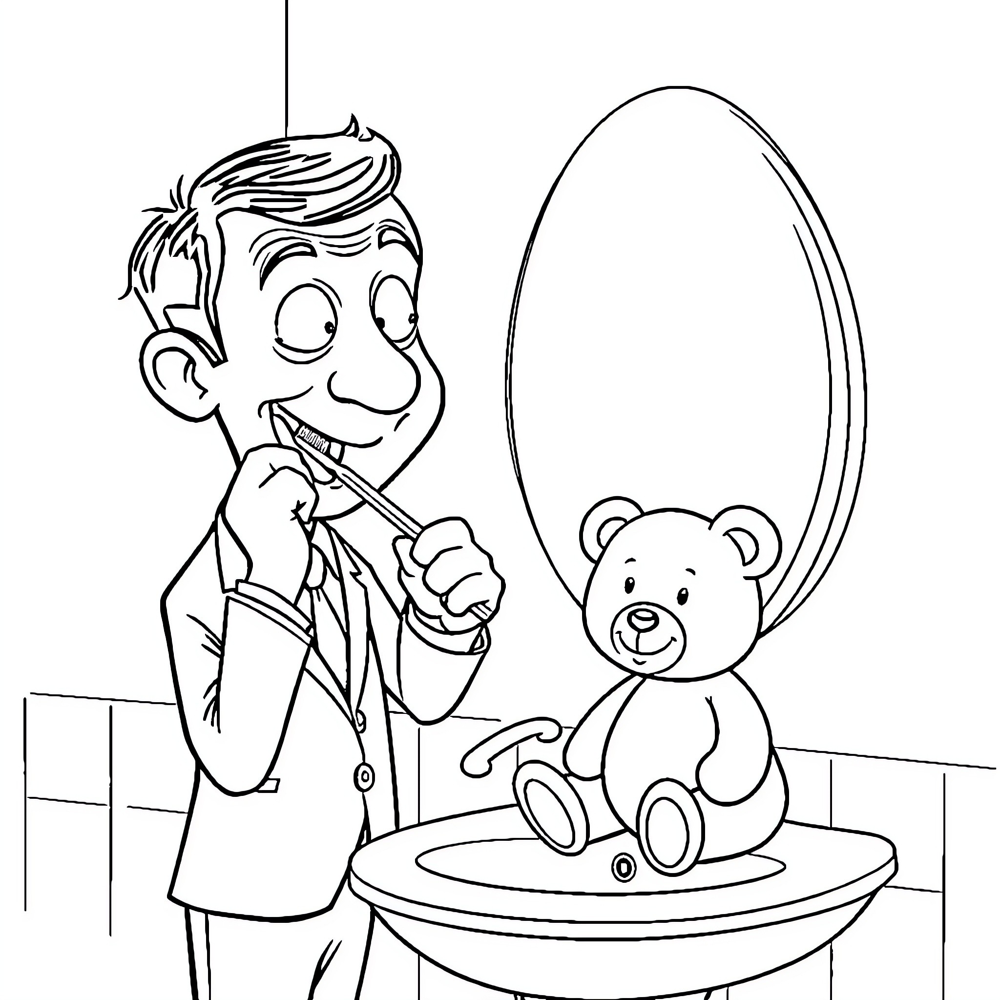 Mr Bean playing with his teddy bear in the bathroom Coloring Page (free black-and-white line drawing printable PDF for all, from beginners to advanced learners, including children, teens, adults, and seniors)