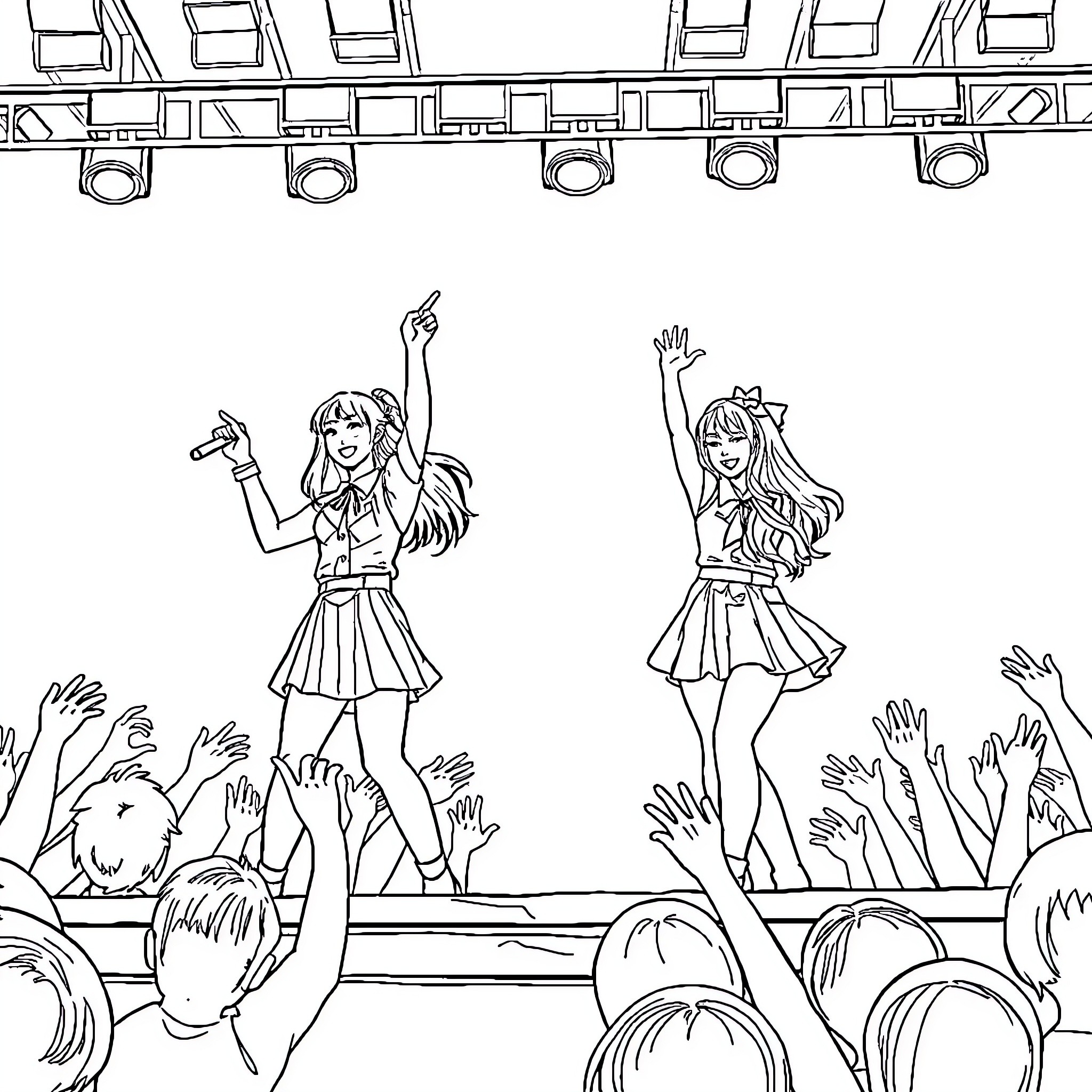 Twice performing energetically on stage Coloring Page (free black-and-white line drawing printable PDF for all, from beginners to advanced learners, including children, teens, adults, and seniors)