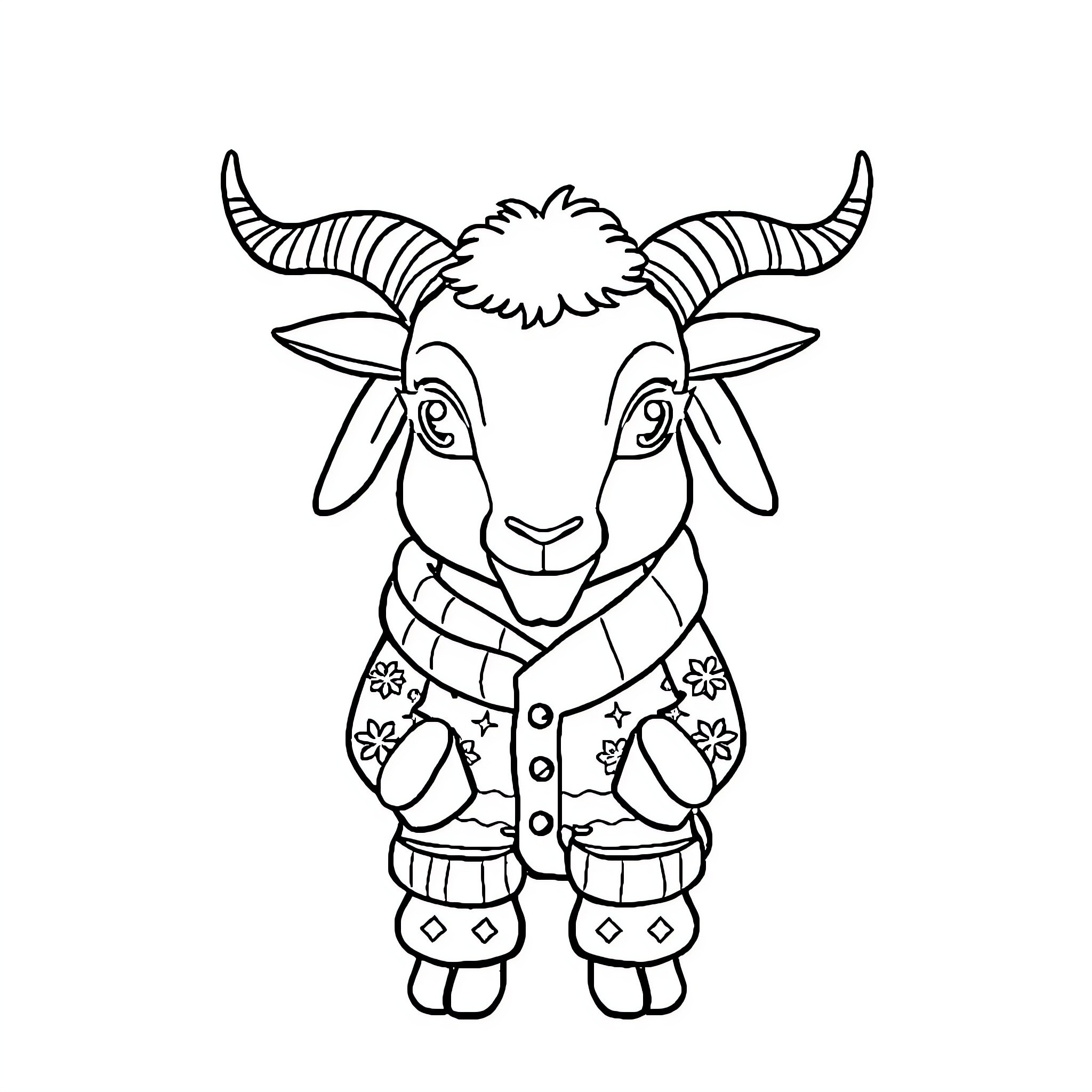 Goat in Festive Attire and Accessories Coloring Page (free black-and-white line drawing printable PDF for all, from beginners to advanced learners, including children, teens, adults, and seniors)