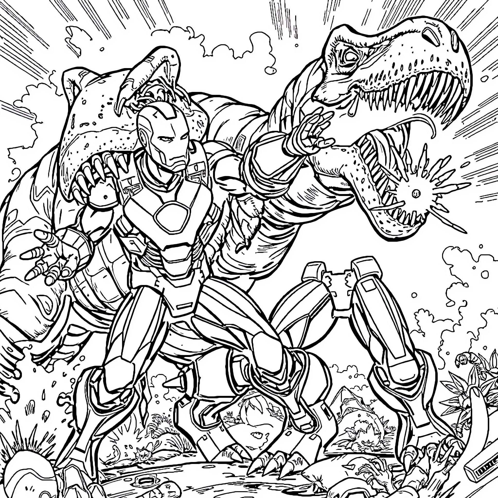 Ironman battles against a giant dinosaur creature Coloring Page (free black-and-white line drawing printable PDF for all, from beginners to advanced learners, including children, teens, adults, and seniors)