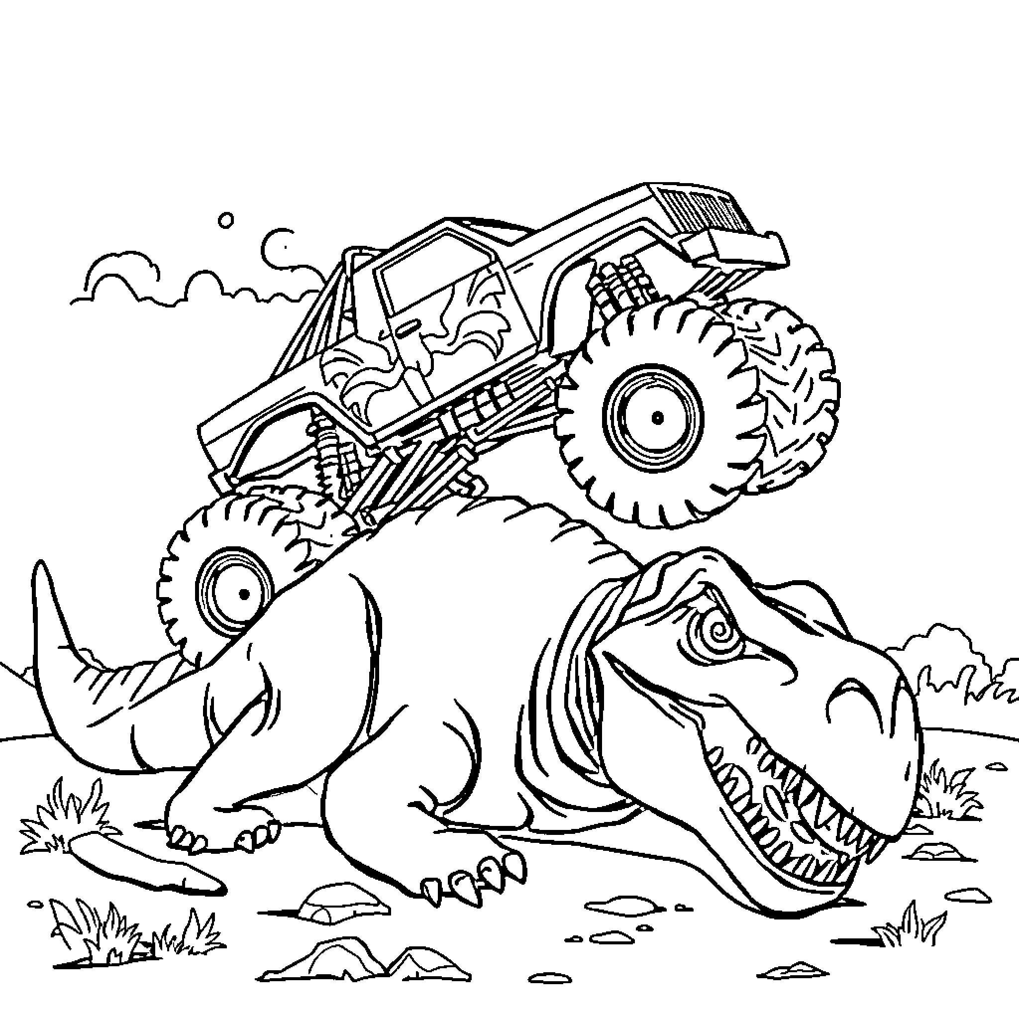 Monster Truck Crushing Fearsome Dinosaur Coloring Page (free black-and-white line drawing printable PDF for all, from beginners to advanced learners, including children, teens, adults, and seniors)