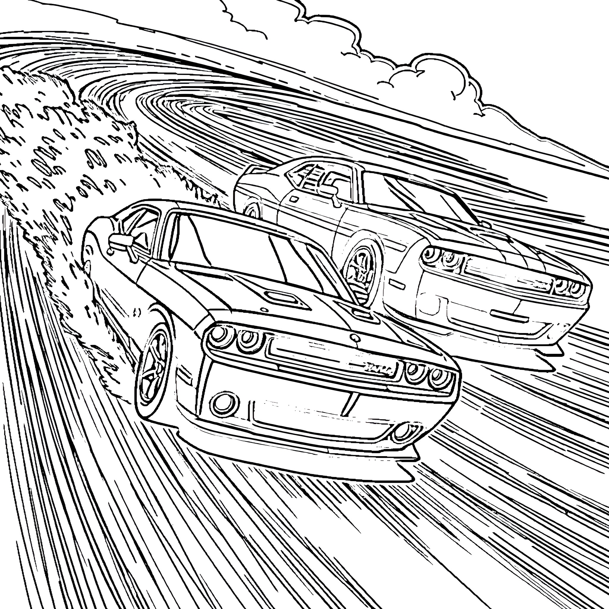 Cars racing through stormy skies Coloring Page (free black-and-white line drawing printable PDF for all, from beginners to advanced learners, including children, teens, adults, and seniors)