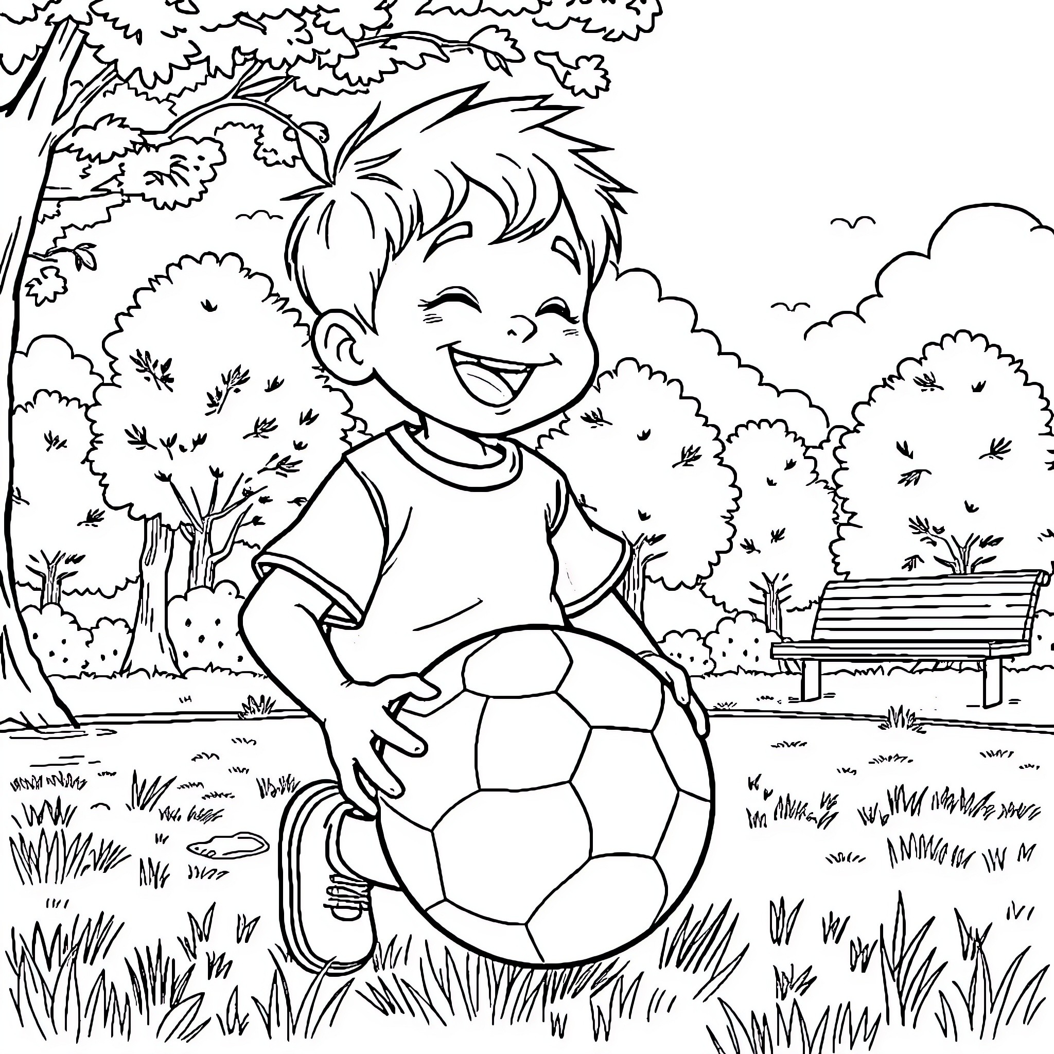Kid playing joyfully with soccer ball in park Coloring Page (free black-and-white line drawing printable PDF for all, from beginners to advanced learners, including children, teens, adults, and seniors)