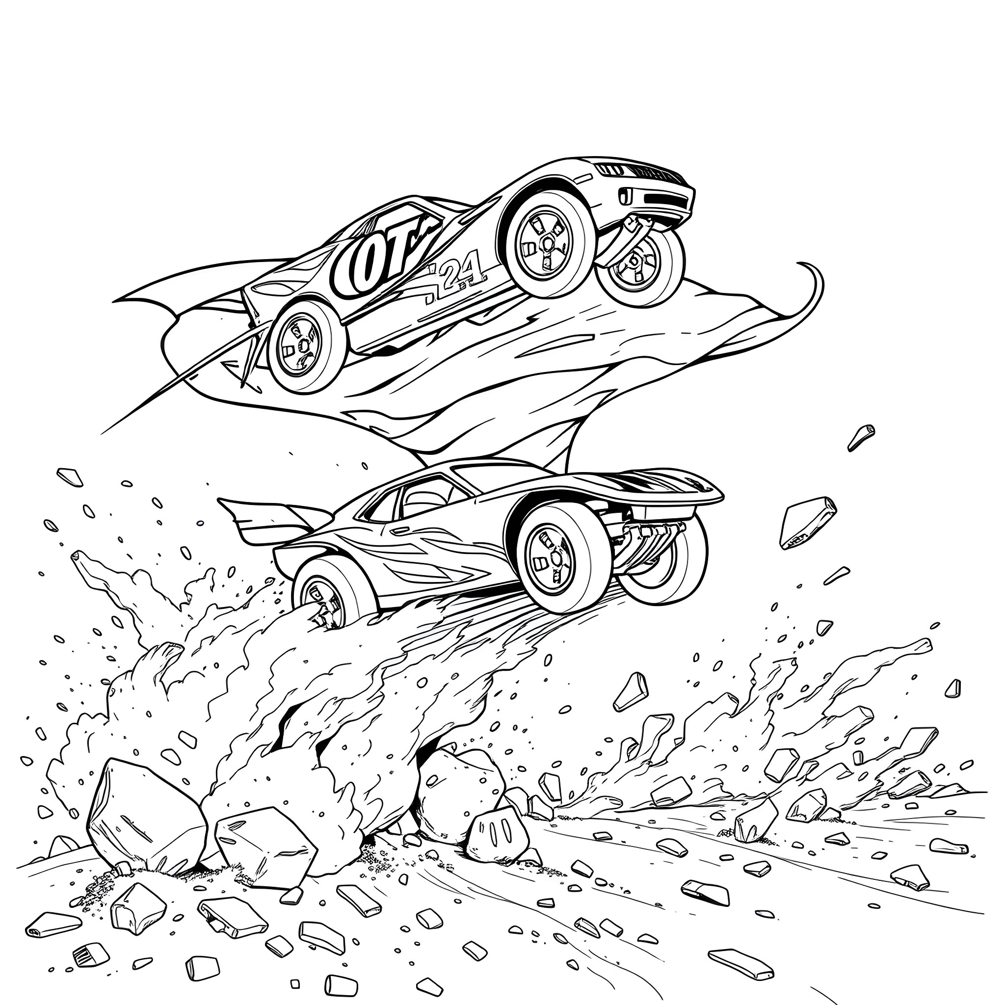 Hot Wheels race cars speeding through rough terrain Coloring Page (free black-and-white line drawing printable PDF for all, from beginners to advanced learners, including children, teens, adults, and seniors)