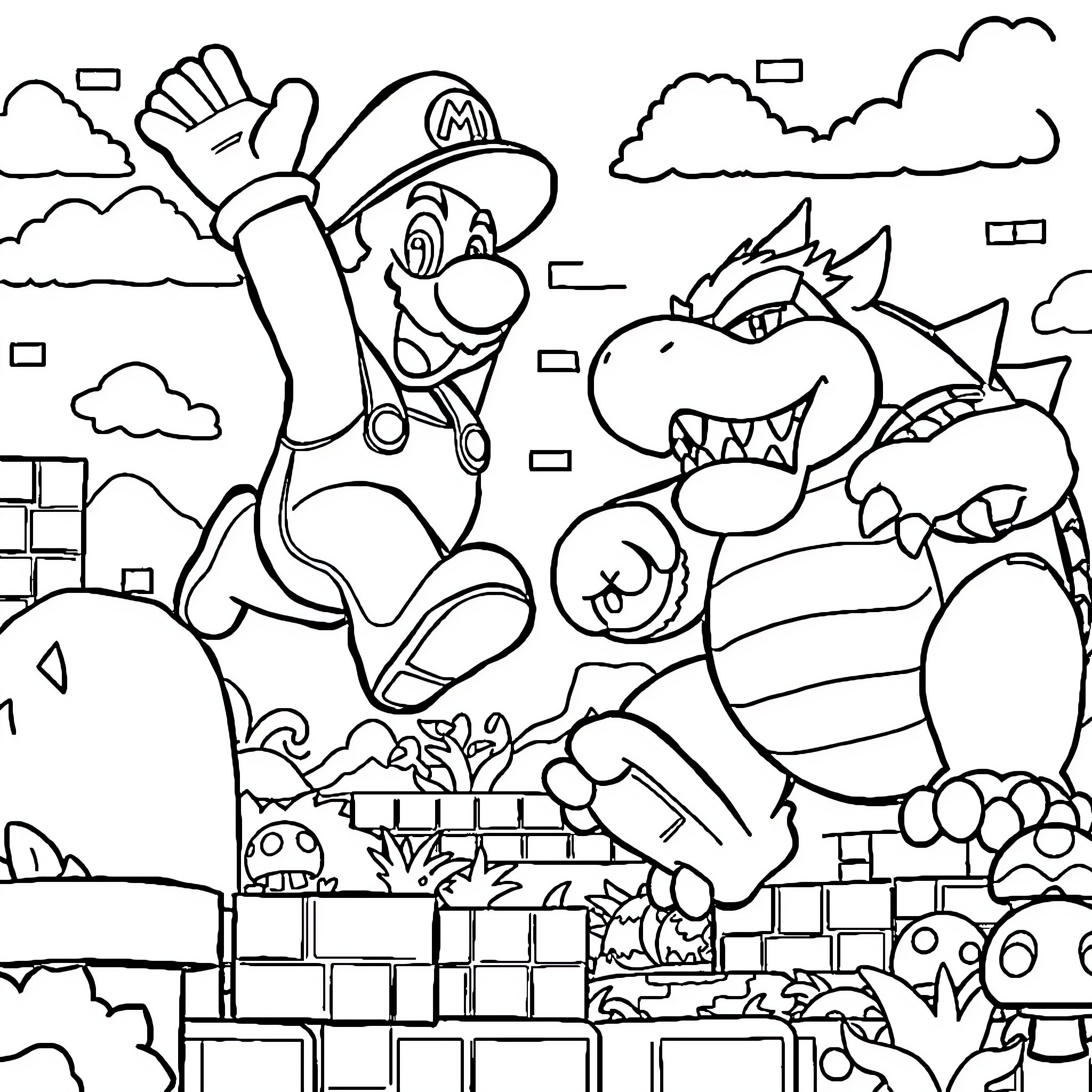 Mario's Exciting Adventure with Bowser Coloring Page (free black-and-white line drawing printable PDF for all, from beginners to advanced learners, including children, teens, adults, and seniors)