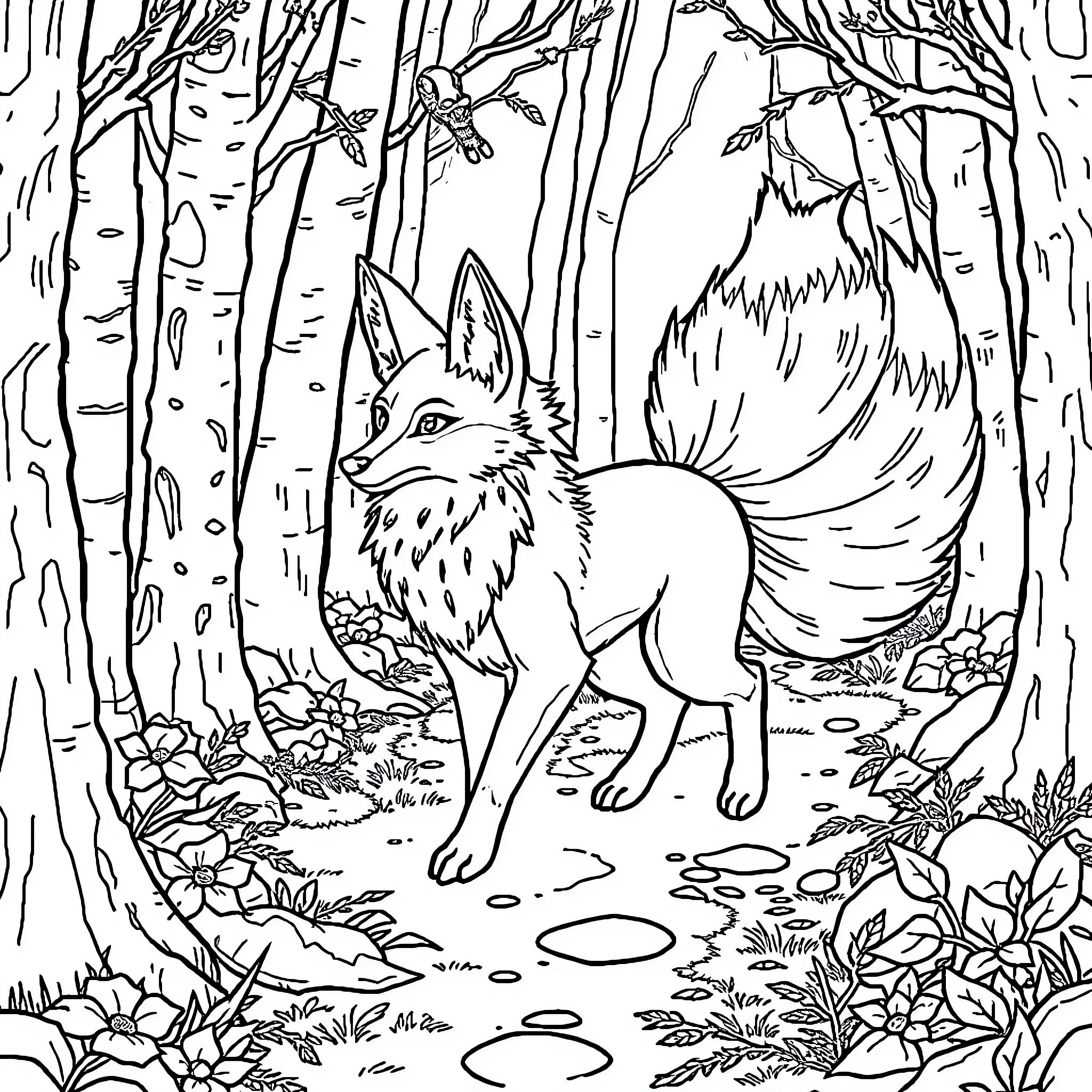 Kitsune exploring the enchanted forest Coloring Page (free black-and-white line drawing printable PDF for all, from beginners to advanced learners, including children, teens, adults, and seniors)