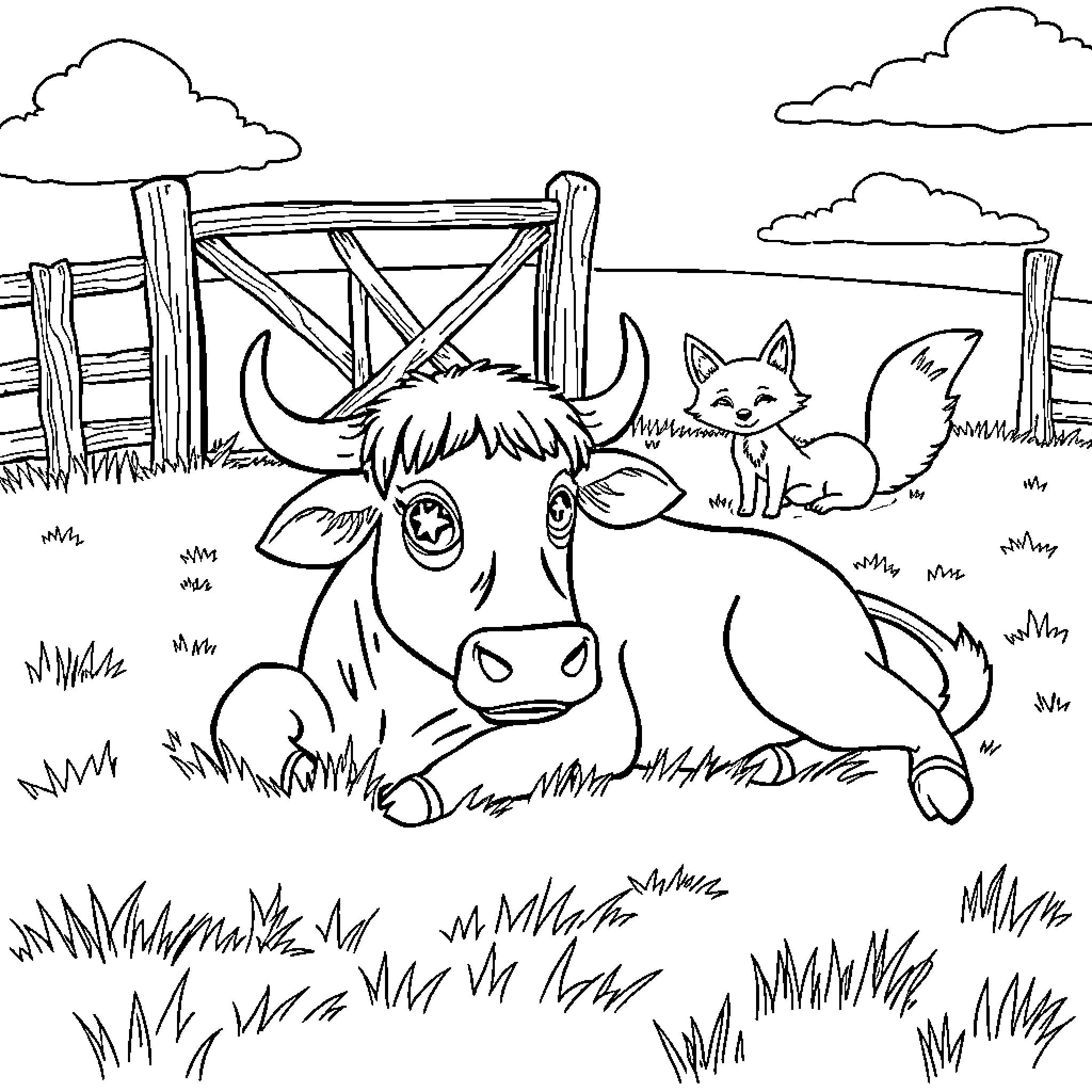 Bull and Fox in a Pastoral Scene Coloring Page (free black-and-white line drawing printable PDF for all, from beginners to advanced learners, including children, teens, adults, and seniors)