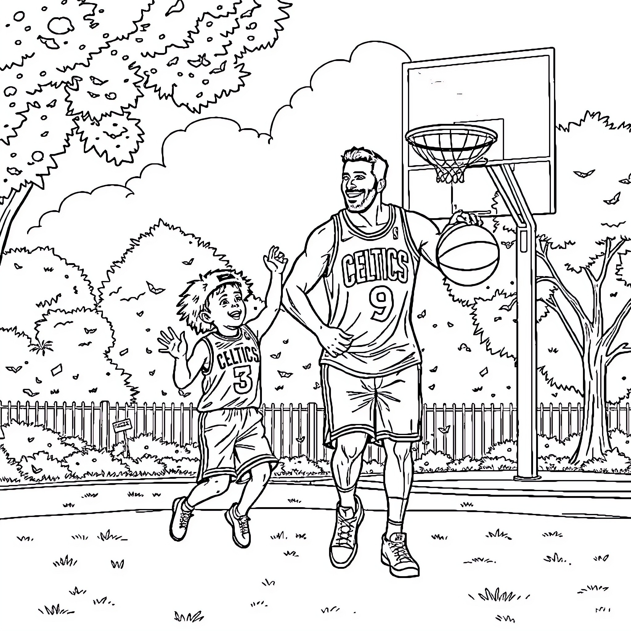 Basketball players in action on the court Coloring Page (free black-and-white line drawing printable PDF for all, from beginners to advanced learners, including children, teens, adults, and seniors)