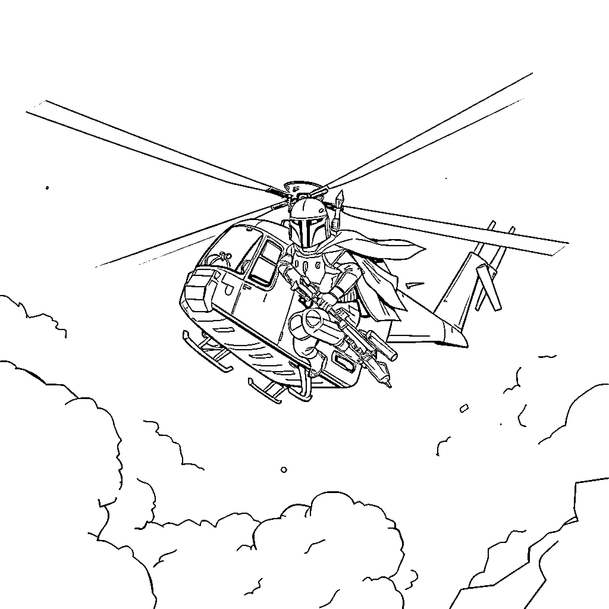 Boba Fett operating a heavily armed helicopter in the sky Coloring Page (free black-and-white line drawing printable PDF for all, from beginners to advanced learners, including children, teens, adults, and seniors)