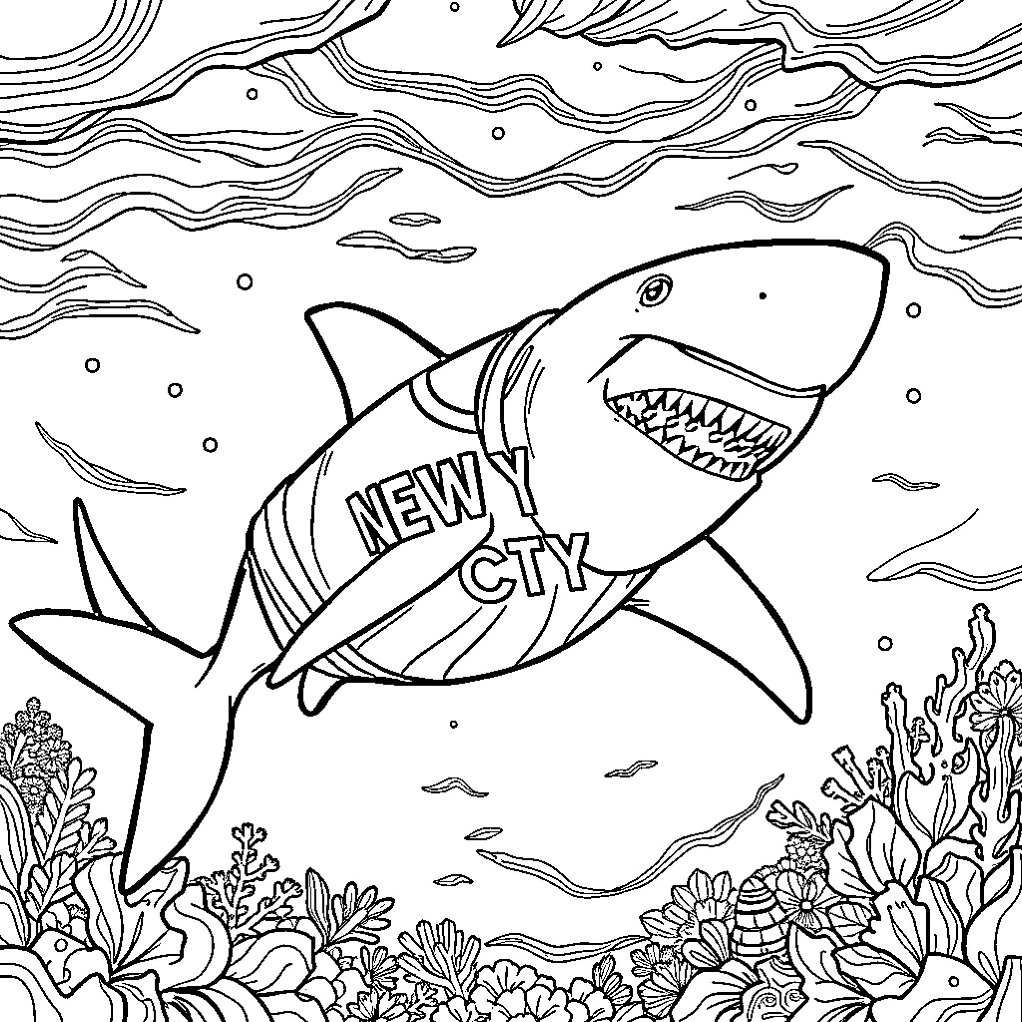 Shark swimming through the underwater world Coloring Page (free black-and-white line drawing printable PDF for all, from beginners to advanced learners, including children, teens, adults, and seniors)