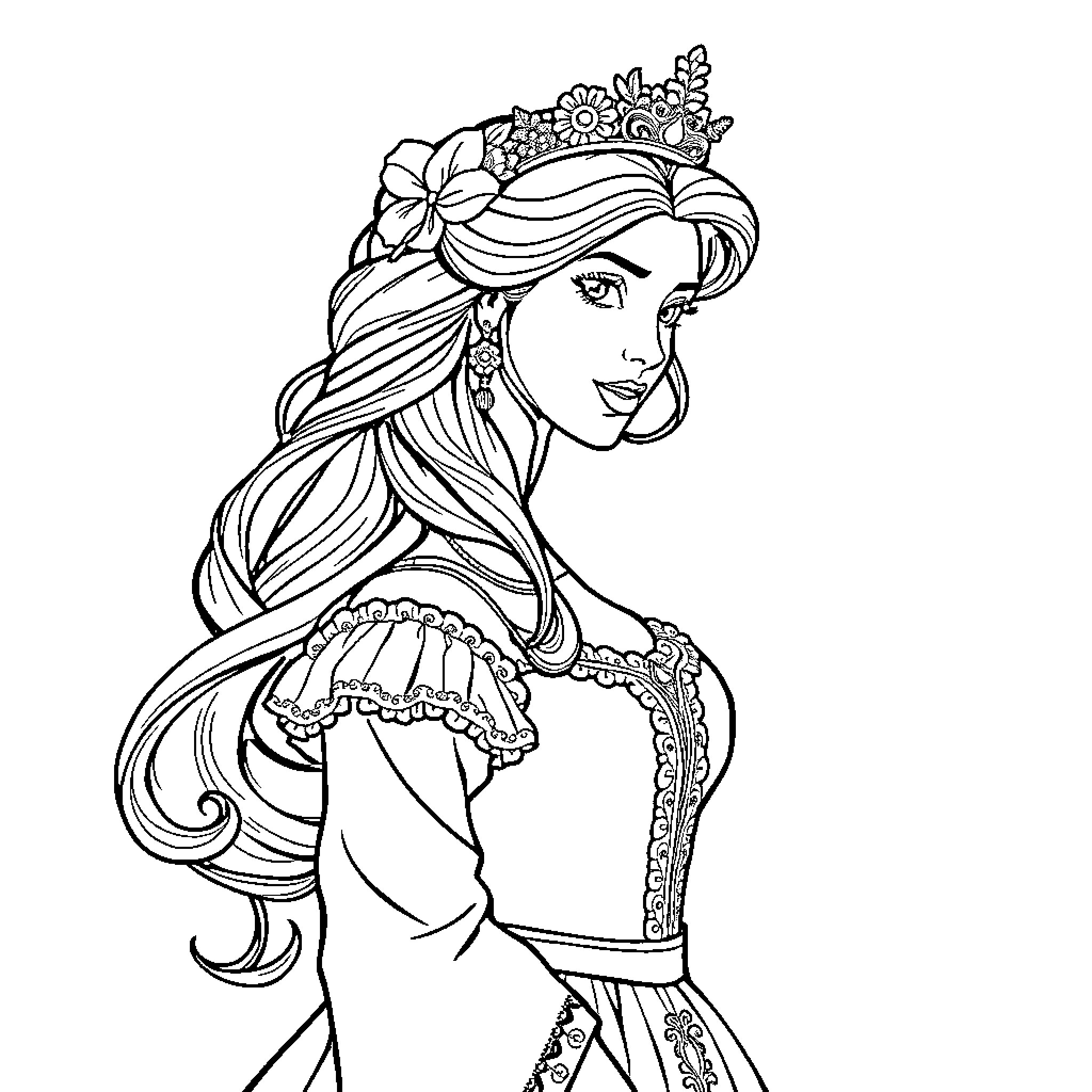 Reina's Elegant Floral Adornment Coloring Page (free black-and-white line drawing printable PDF for all, from beginners to advanced learners, including children, teens, adults, and seniors)