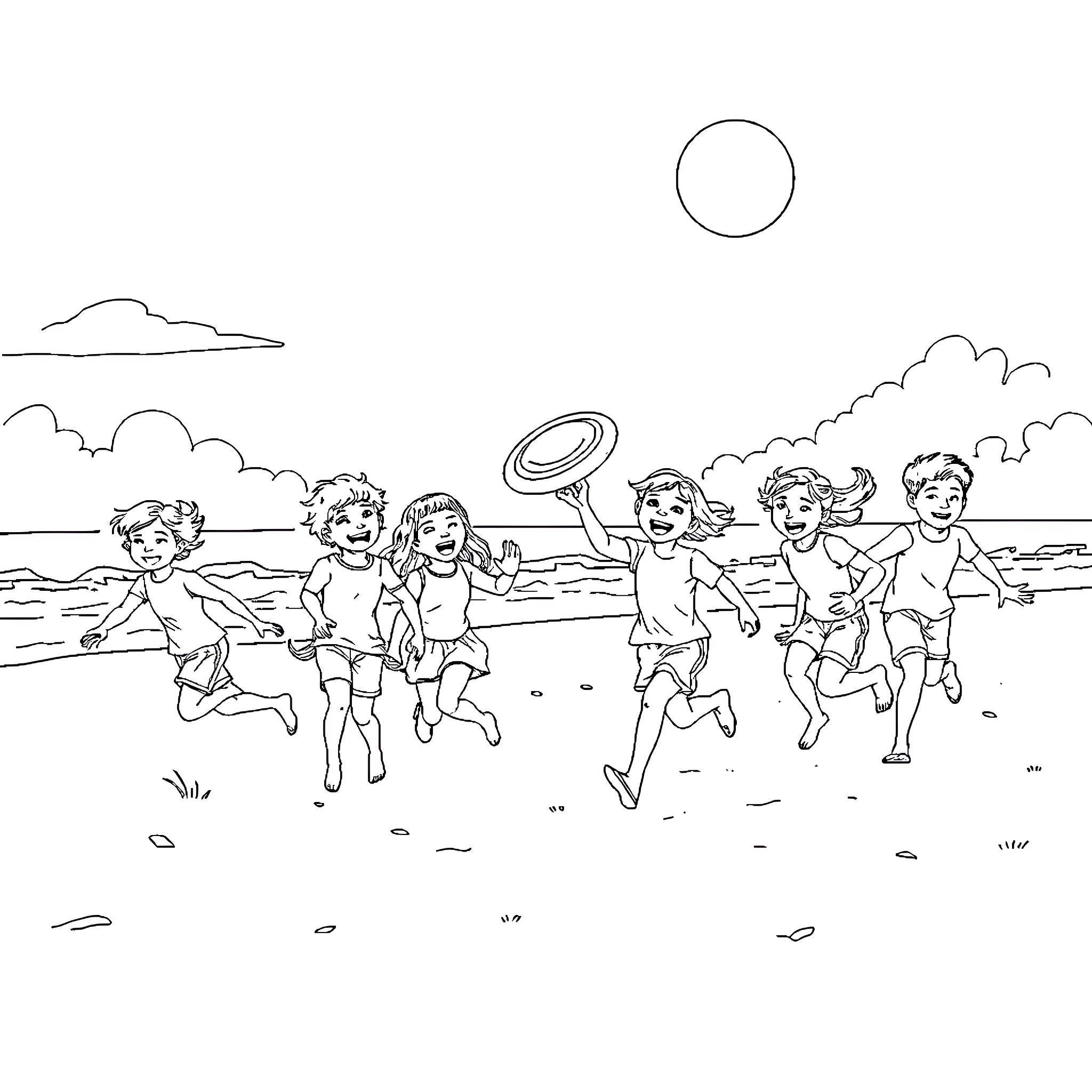 Children playing joyfully at the beach Coloring Page (free black-and-white line drawing printable PDF for all, from beginners to advanced learners, including children, teens, adults, and seniors)