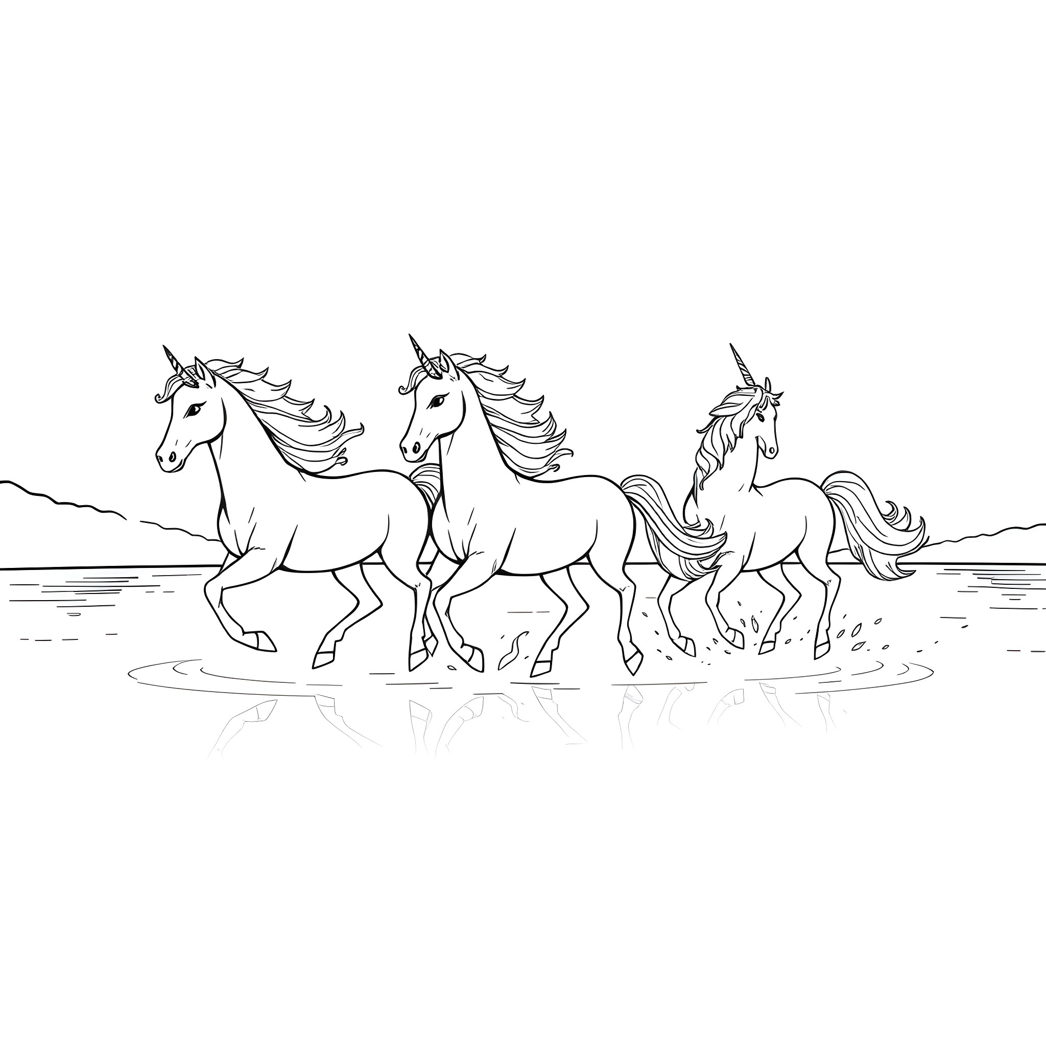 Unicorn herd galloping through the meadow Coloring Page (free black-and-white line drawing printable PDF for all, from beginners to advanced learners, including children, teens, adults, and seniors)