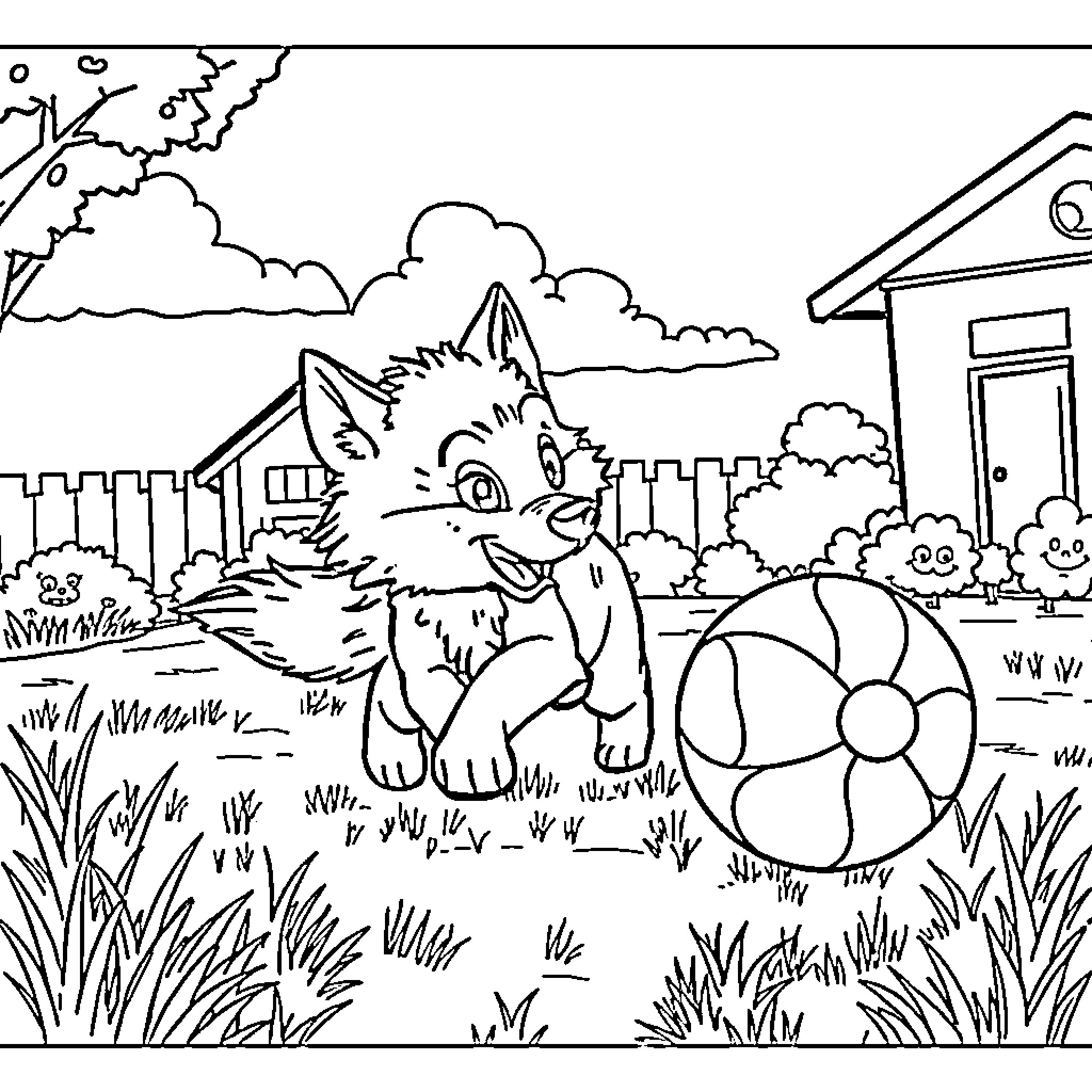 Wolf playing joyfully in backyard with toys Coloring Page (free black-and-white line drawing printable PDF for all, from beginners to advanced learners, including children, teens, adults, and seniors)