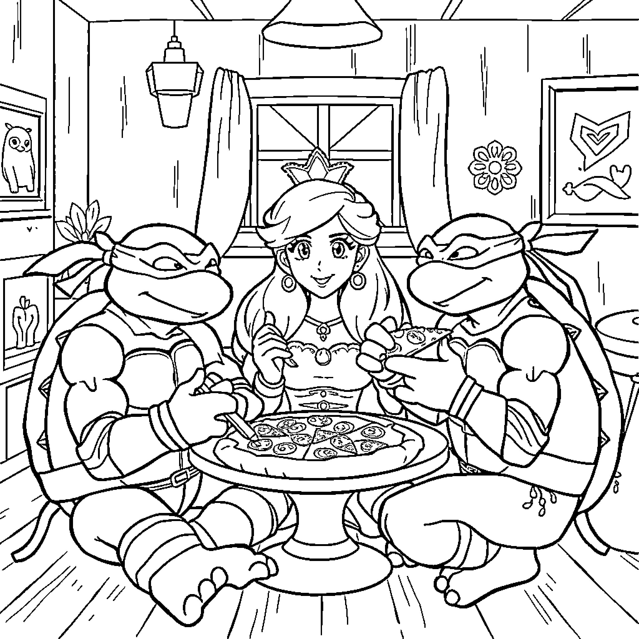 Ninja Turtle friends enjoying pizza at home Coloring Page (free black-and-white line drawing printable PDF for all, from beginners to advanced learners, including children, teens, adults, and seniors)