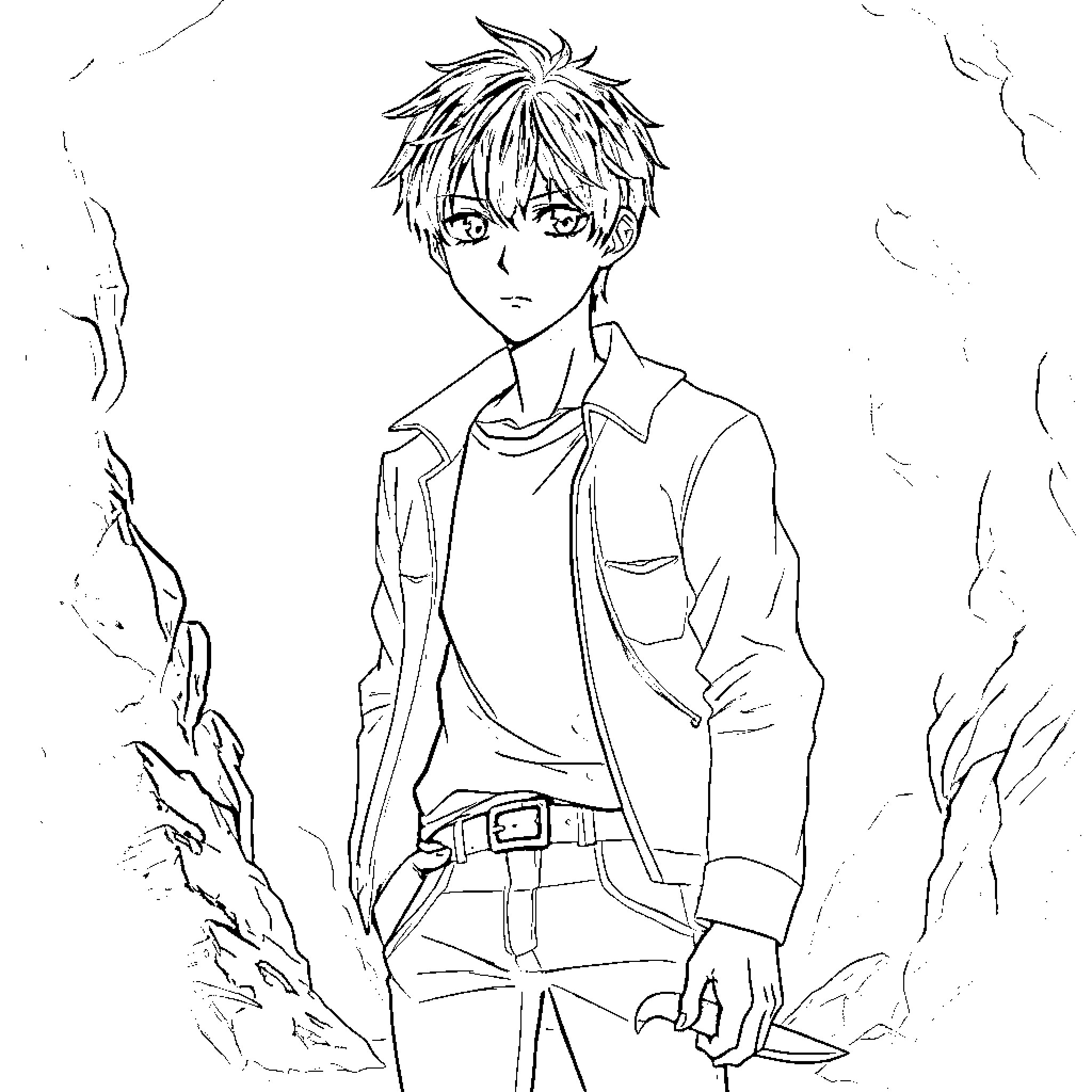 Anime Character in a Contemplative Pose Coloring Page (free black-and-white line drawing printable PDF for all, from beginners to advanced learners, including children, teens, adults, and seniors)