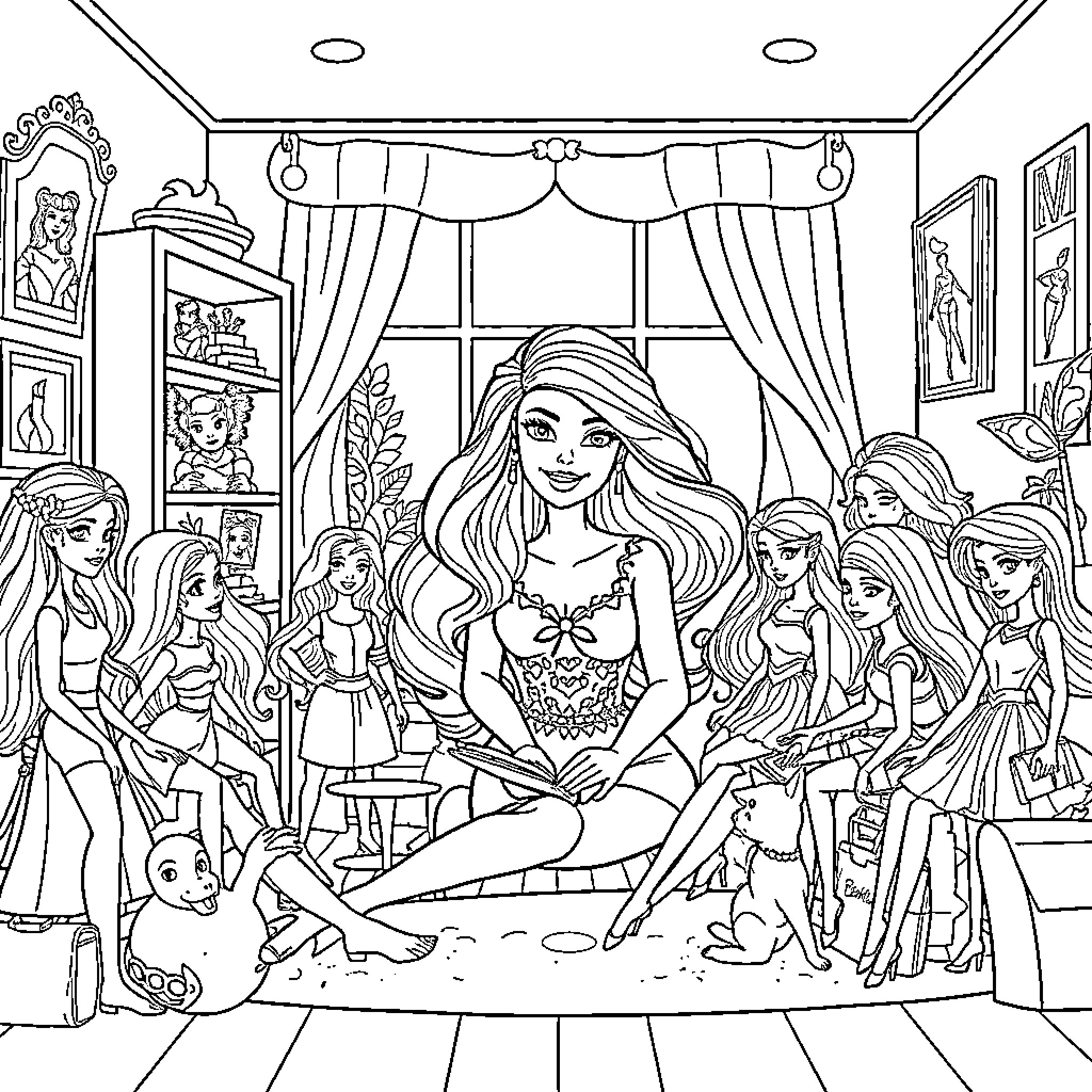 Barbie's Fantastical Gathering with Friends Coloring Page (free black-and-white line drawing printable PDF for all, from beginners to advanced learners, including children, teens, adults, and seniors)