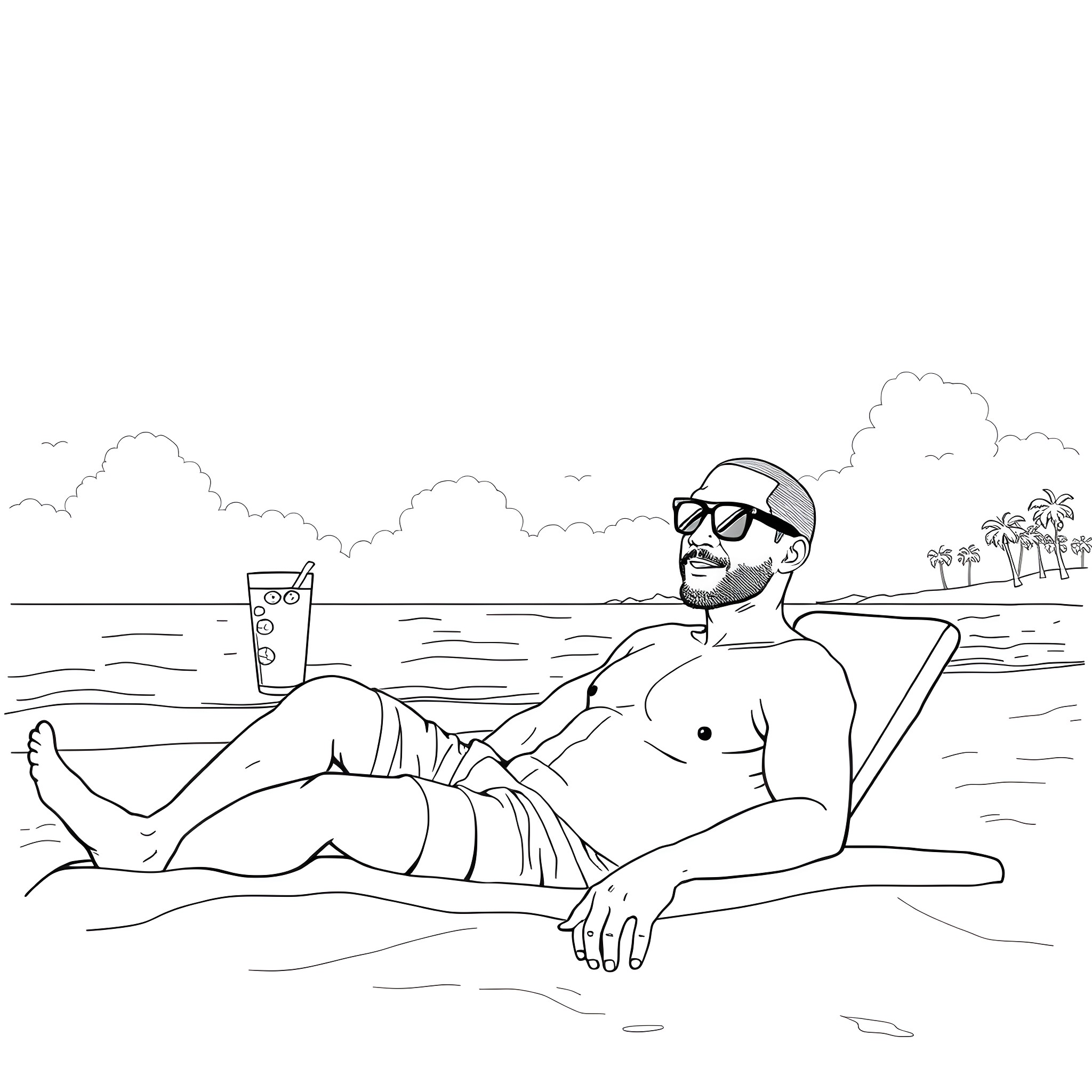 Will Smith relaxing on the beach Coloring Page (free black-and-white line drawing printable PDF for all, from beginners to advanced learners, including children, teens, adults, and seniors)