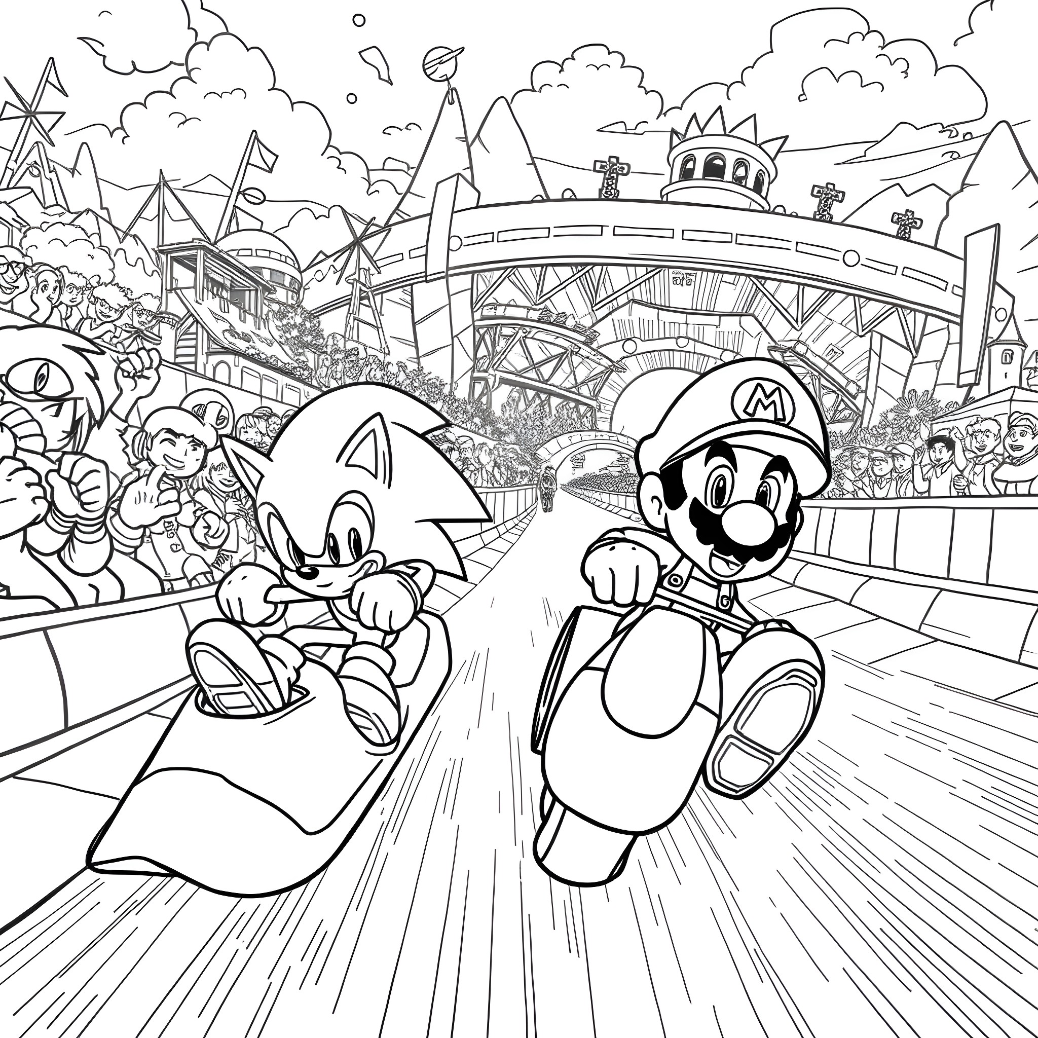 Sonic and Mario racing through whimsical fantasy world Coloring Page (free black-and-white line drawing printable PDF for all, from beginners to advanced learners, including children, teens, adults, and seniors)
