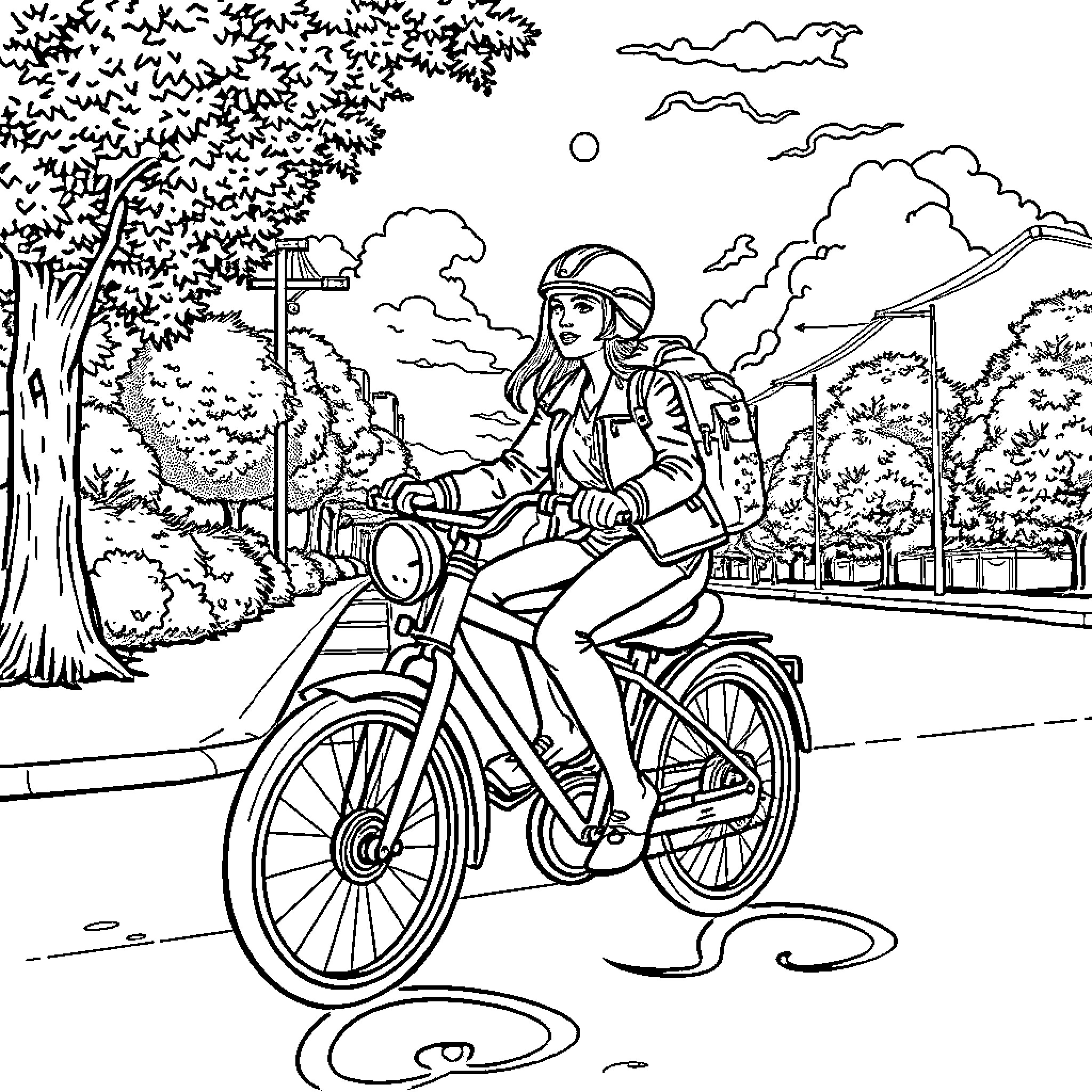Mario Riding Bicycle on Peaceful Countryside Road Coloring Page (free black-and-white line drawing printable PDF for all, from beginners to advanced learners, including children, teens, adults, and seniors)