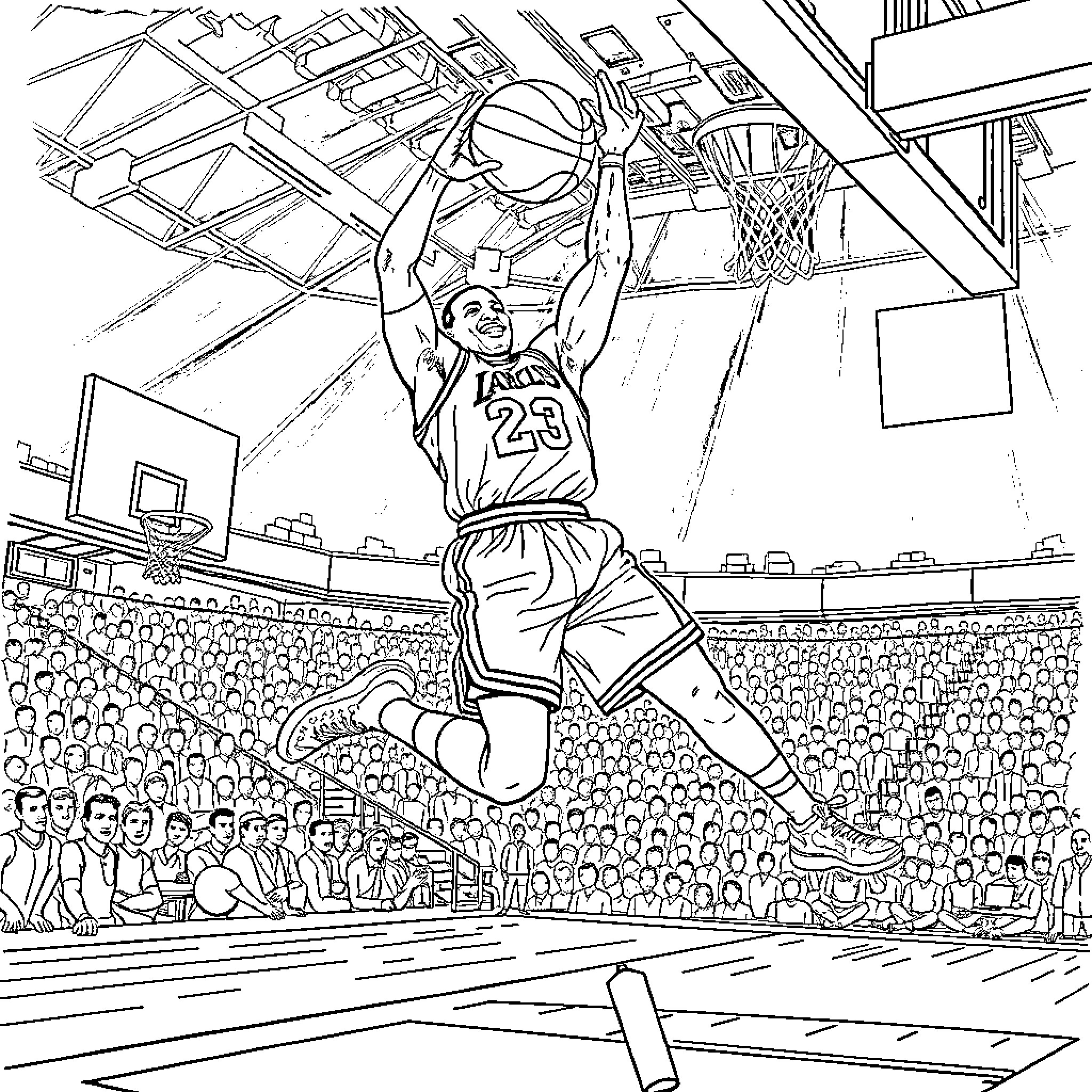 Michael Jordan Dunking Powerfully on the Basketball Court Coloring Page (free black-and-white line drawing printable PDF for all, from beginners to advanced learners, including children, teens, adults, and seniors)
