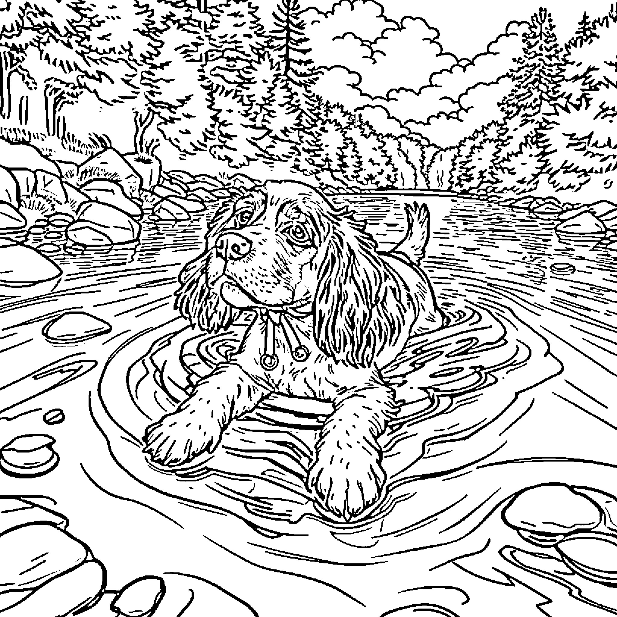 Cocker Spaniel swimming in tranquil forest pond Coloring Page (free black-and-white line drawing printable PDF for all, from beginners to advanced learners, including children, teens, adults, and seniors)