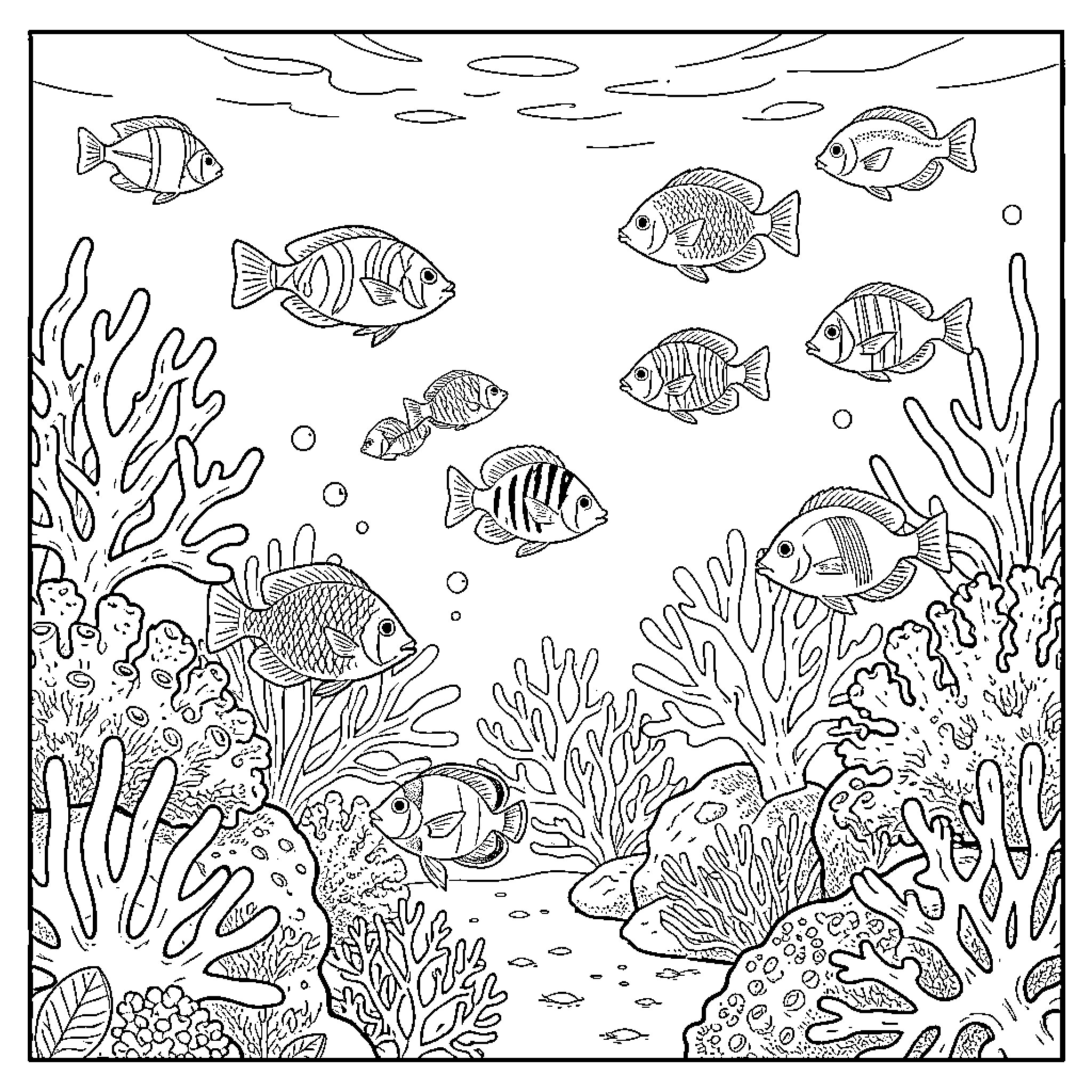 Ocean Creatures Swimming Among Vibrant Coral Reef Coloring Page (free black-and-white line drawing printable PDF for all, from beginners to advanced learners, including children, teens, adults, and seniors)