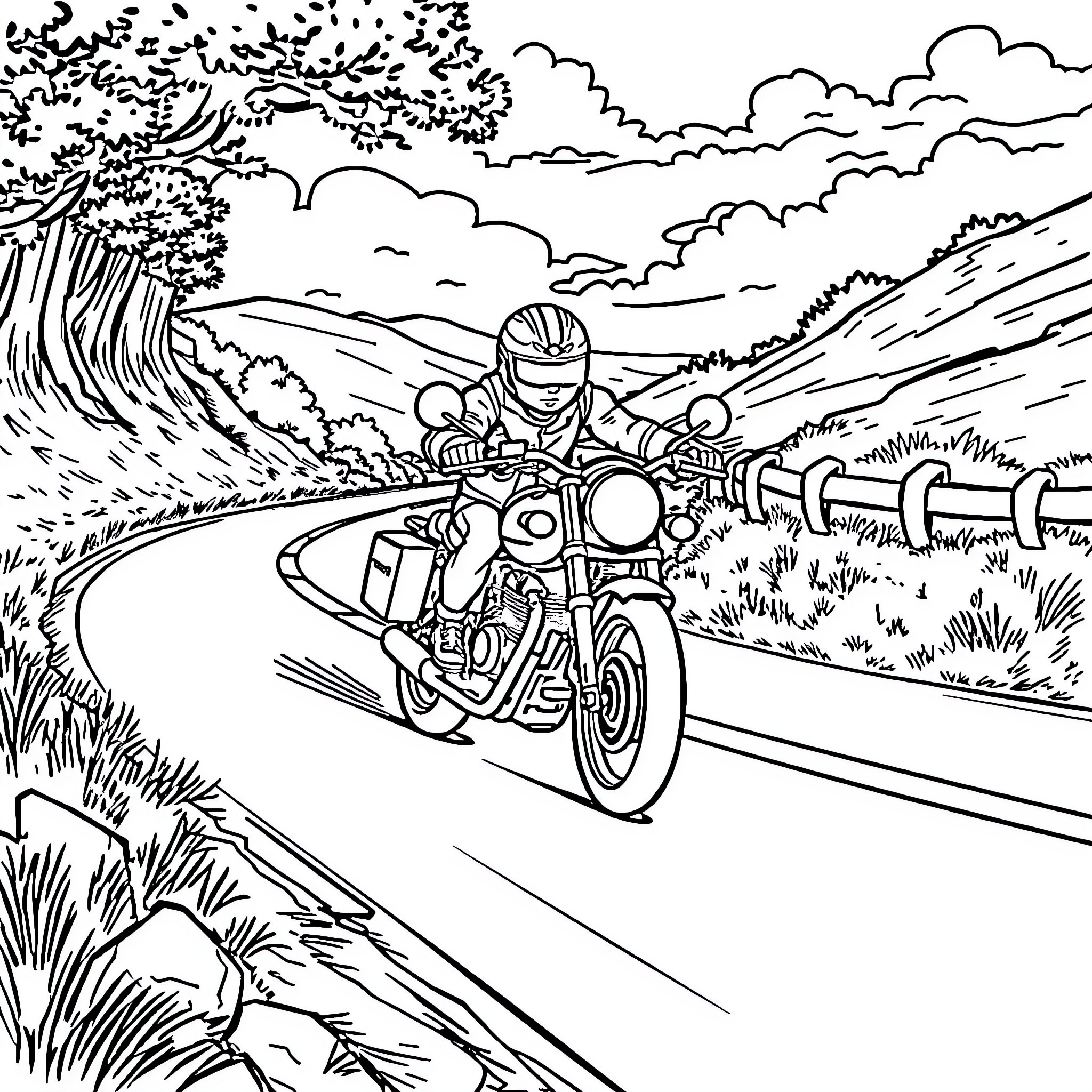 Luin - Motorcyclist riding through scenic countryside Coloring Page (free black-and-white line drawing printable PDF for all, from beginners to advanced learners, including children, teens, adults, and seniors)