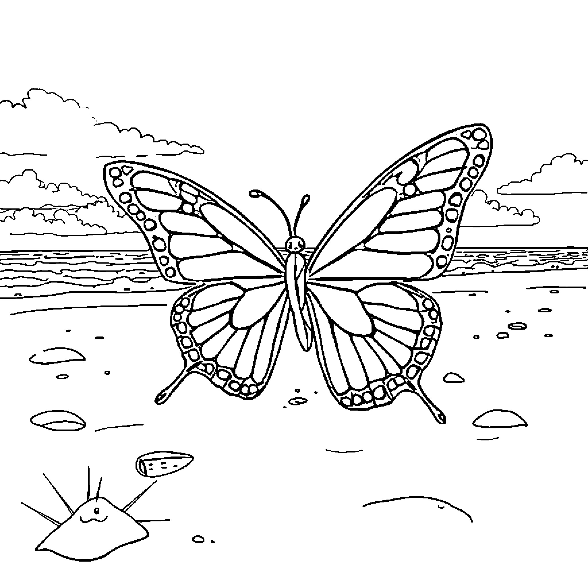 Butterfly in scenic nature landscape Coloring Page (free black-and-white line drawing printable PDF for all, from beginners to advanced learners, including children, teens, adults, and seniors)