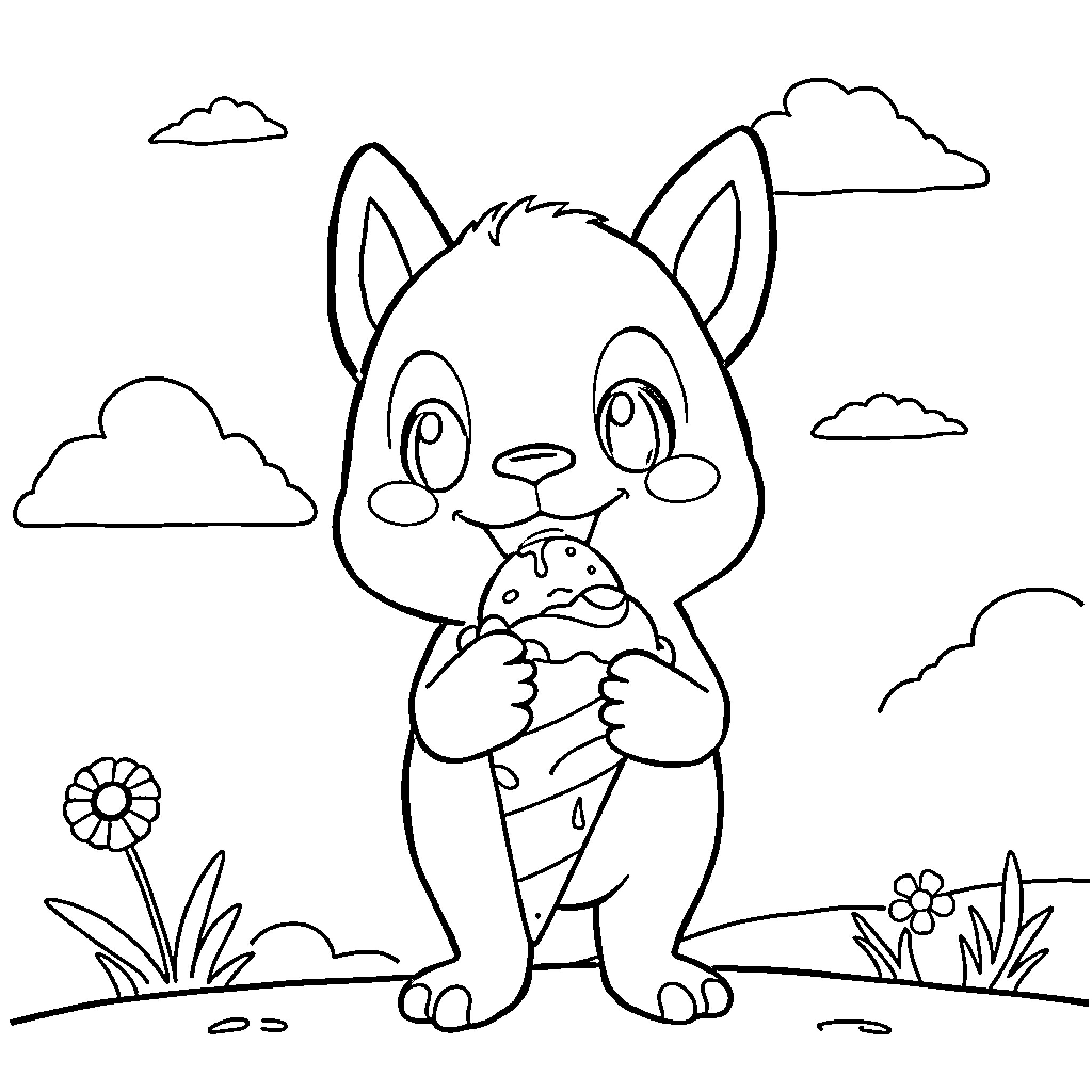 Labubu holding a cute pet in a field Coloring Page (free black-and-white line drawing printable PDF for all, from beginners to advanced learners, including children, teens, adults, and seniors)