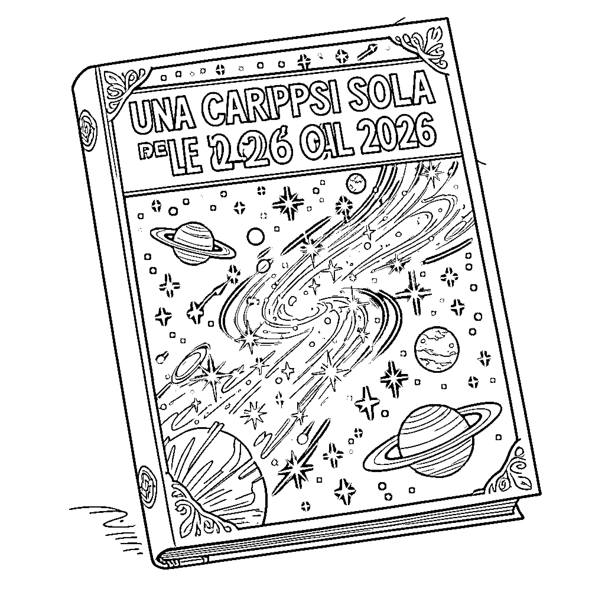 Astronomy themed book cover with celestial imagery Coloring Page (free black-and-white line drawing printable PDF for all, from beginners to advanced learners, including children, teens, adults, and seniors)