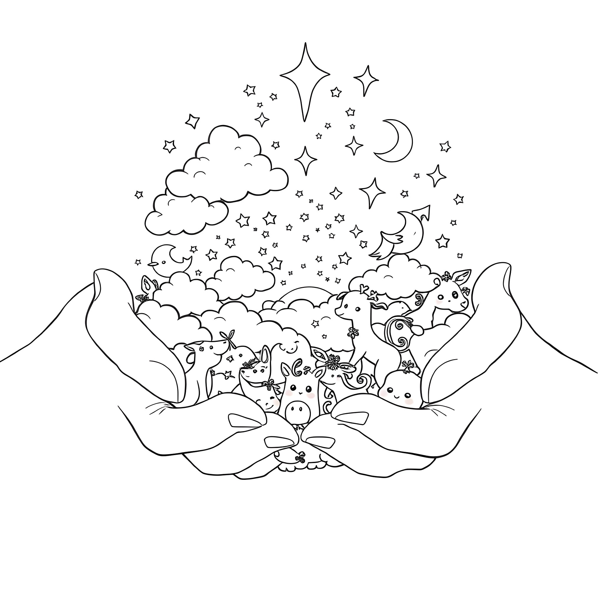 Hand holding whimsical creatures under starry night sky Coloring Page (free black-and-white line drawing printable PDF for all, from beginners to advanced learners, including children, teens, adults, and seniors)