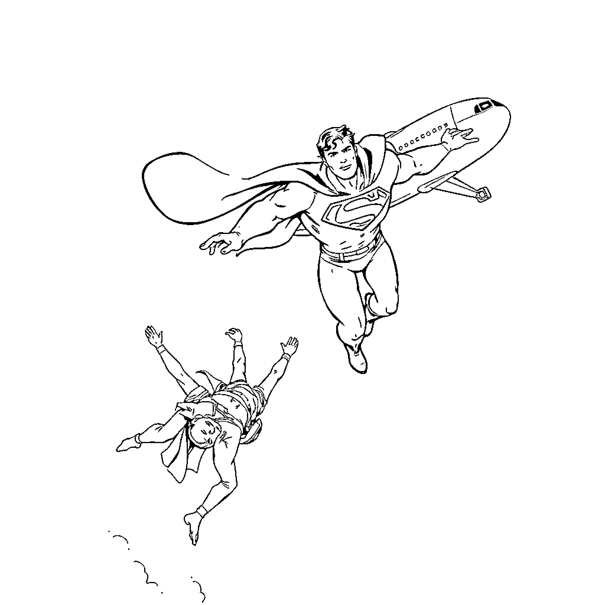 Superman soaring heroically and rescuing a person Coloring Page (free black-and-white line drawing printable PDF for all, from beginners to advanced learners, including children, teens, adults, and seniors)