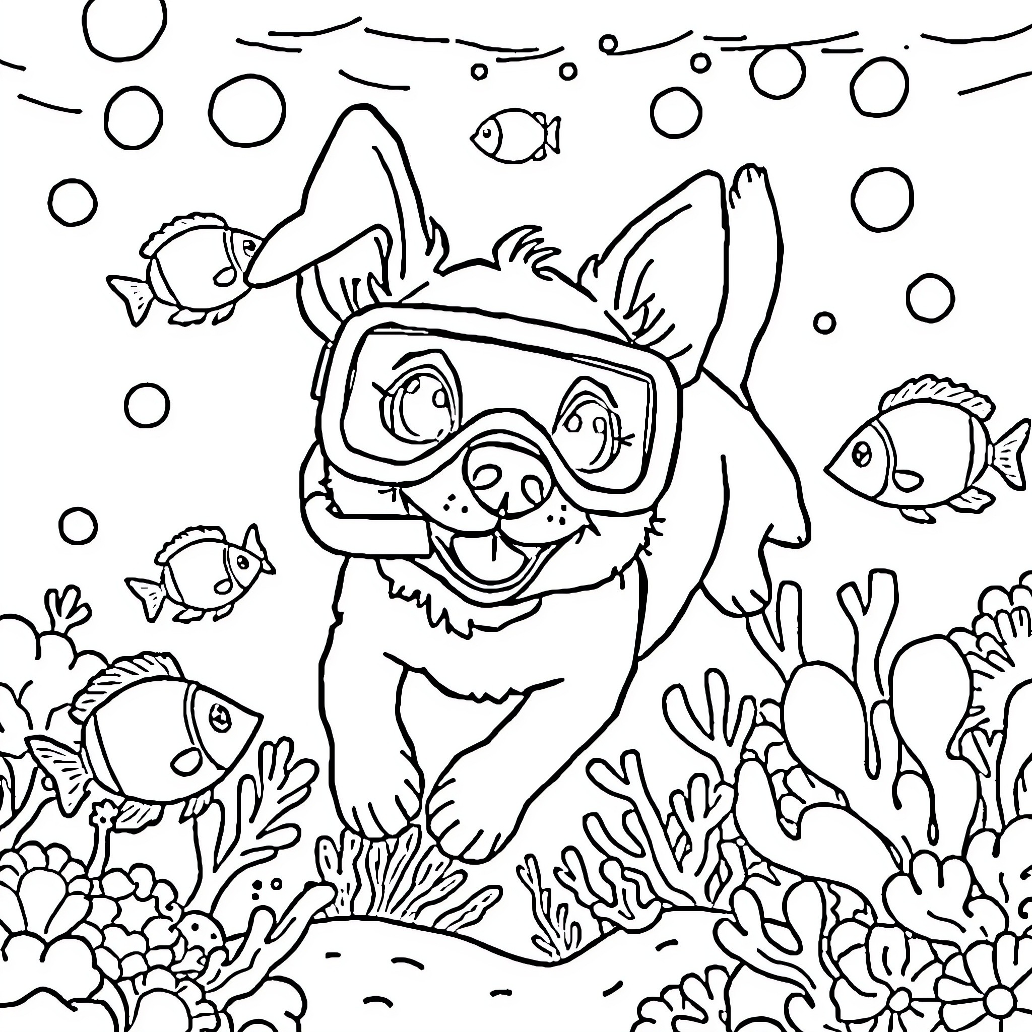 Dog Exploring Underwater World with Fish and Coral Coloring Page (free black-and-white line drawing printable PDF for all, from beginners to advanced learners, including children, teens, adults, and seniors)