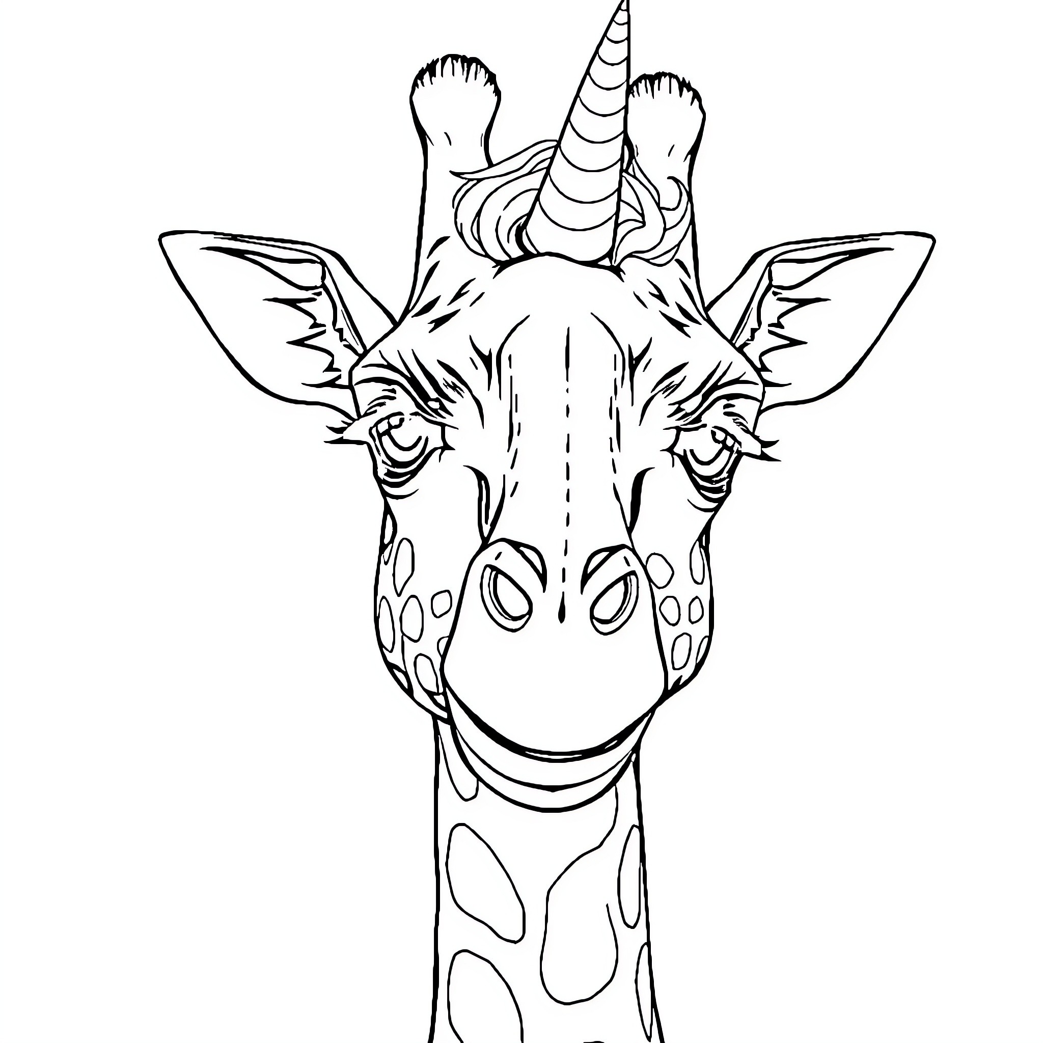 Giraffe with a unicorn horn gazing intently Coloring Page (free black-and-white line drawing printable PDF for all, from beginners to advanced learners, including children, teens, adults, and seniors)