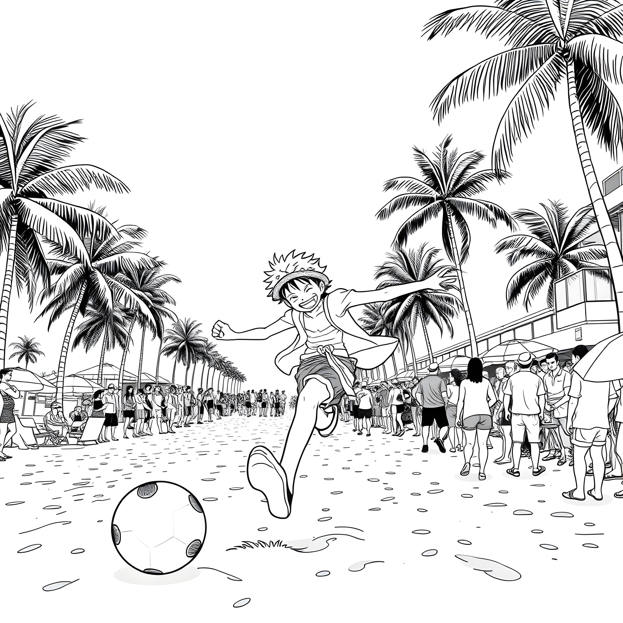 Luffy's Lively Beach Adventure Coloring Page (free black-and-white line drawing printable PDF for all, from beginners to advanced learners, including children, teens, adults, and seniors)