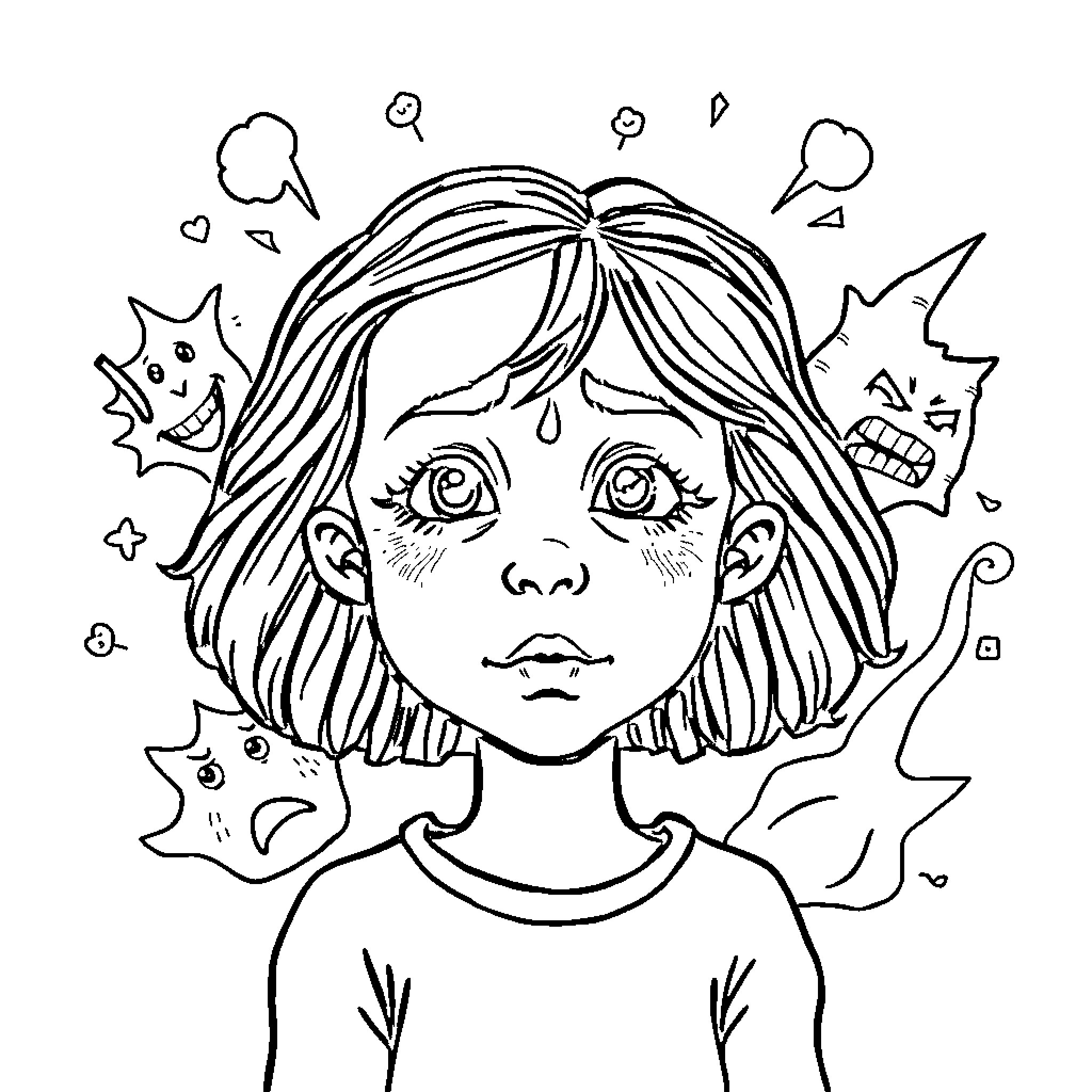 Emotion of a Distressed Person with Swirling Symbols Coloring Page (free black-and-white line drawing printable PDF for all, from beginners to advanced learners, including children, teens, adults, and seniors)