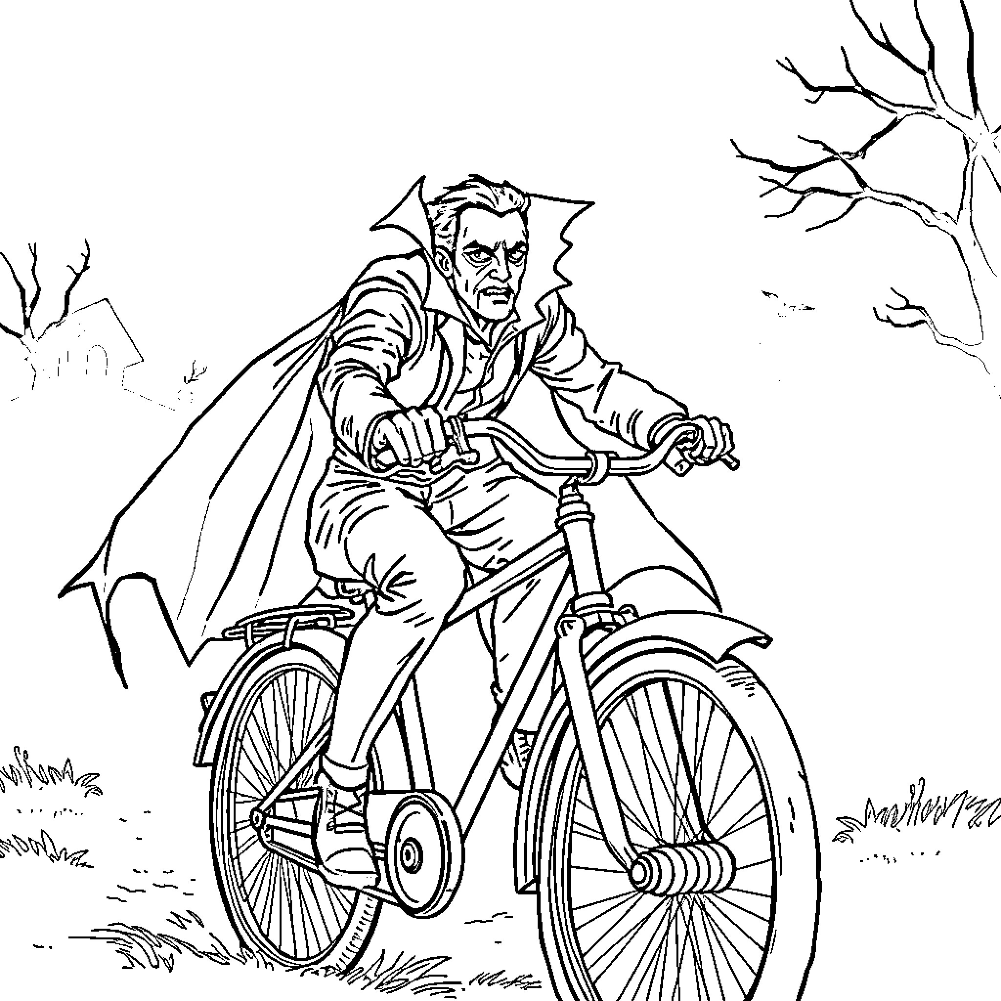 Vampire riding a bicycle through the countryside Coloring Page (free black-and-white line drawing printable PDF for all, from beginners to advanced learners, including children, teens, adults, and seniors)