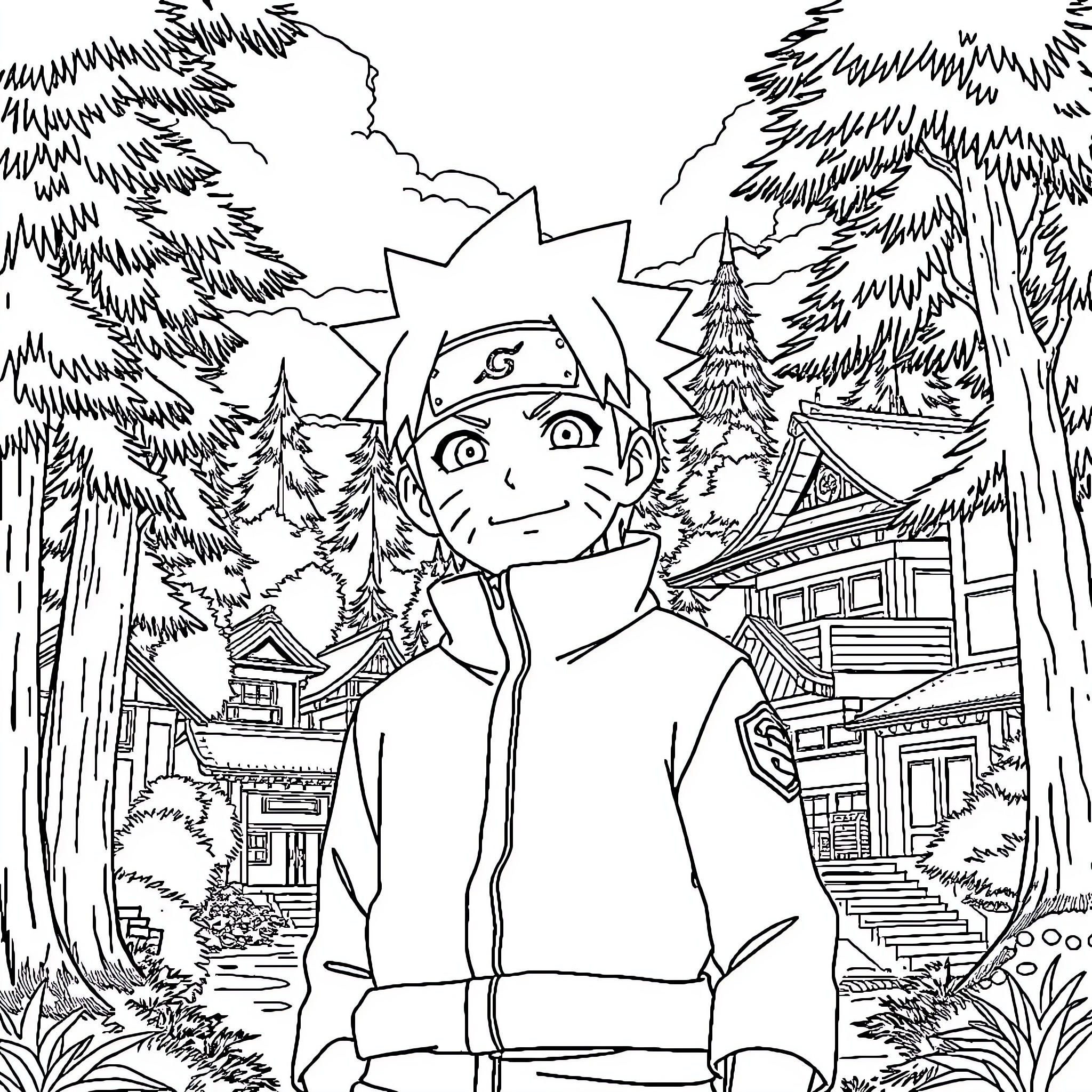 Naruto in a Forested Village Scene Coloring Page (free black-and-white line drawing printable PDF for all, from beginners to advanced learners, including children, teens, adults, and seniors)