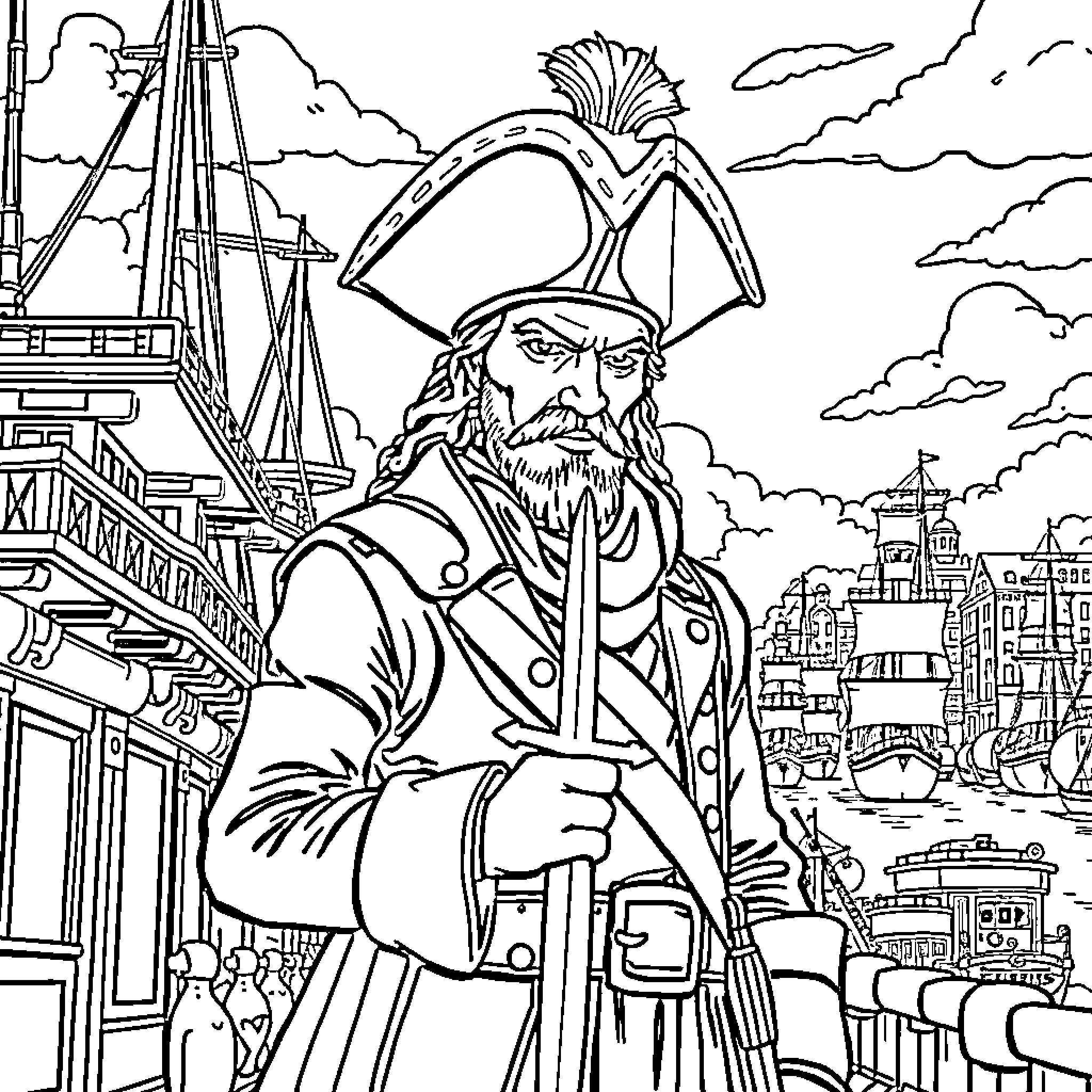 Trafalgar Law's Pirate Captain Attire and Pirate Ship Backdrop Coloring Page (free black-and-white line drawing printable PDF for all, from beginners to advanced learners, including children, teens, adults, and seniors)