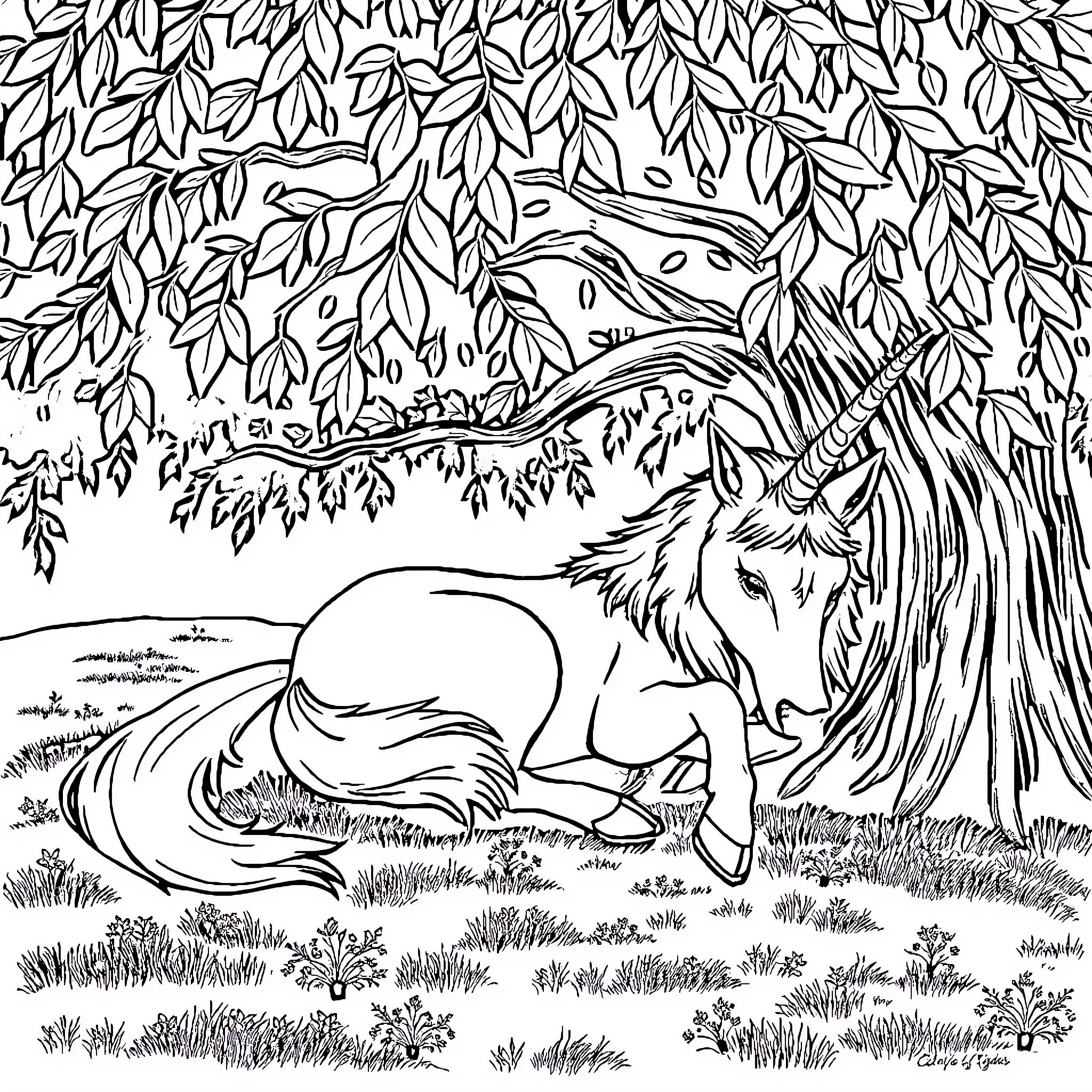 Unicorn resting peacefully in enchanted forest Coloring Page (free black-and-white line drawing printable PDF for all, from beginners to advanced learners, including children, teens, adults, and seniors)